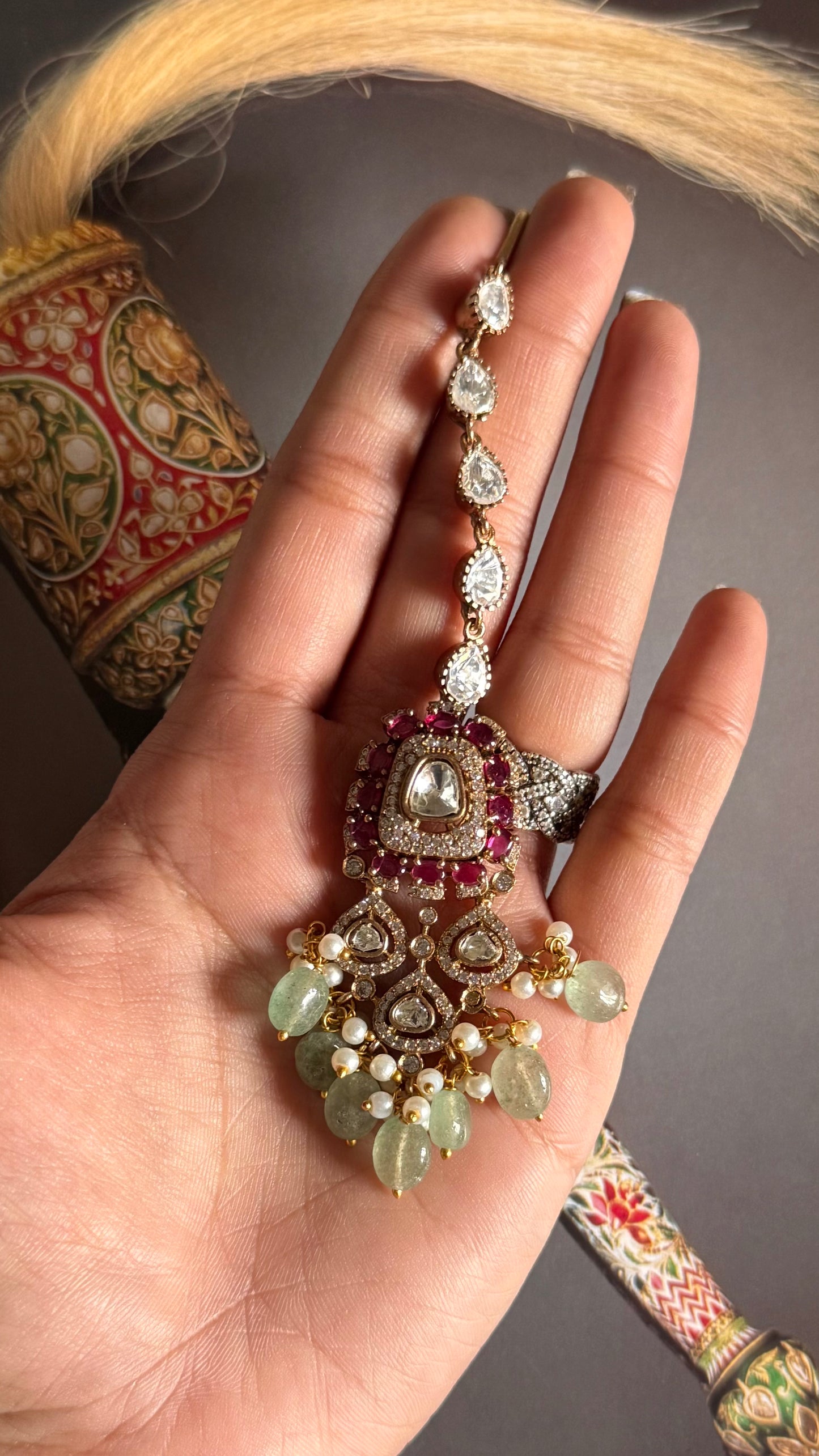 Rani pink & mint moissanite maangtika