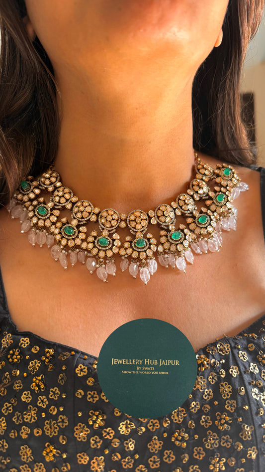 Mint & rose quartz drop peeli polka floral moissanite necklace