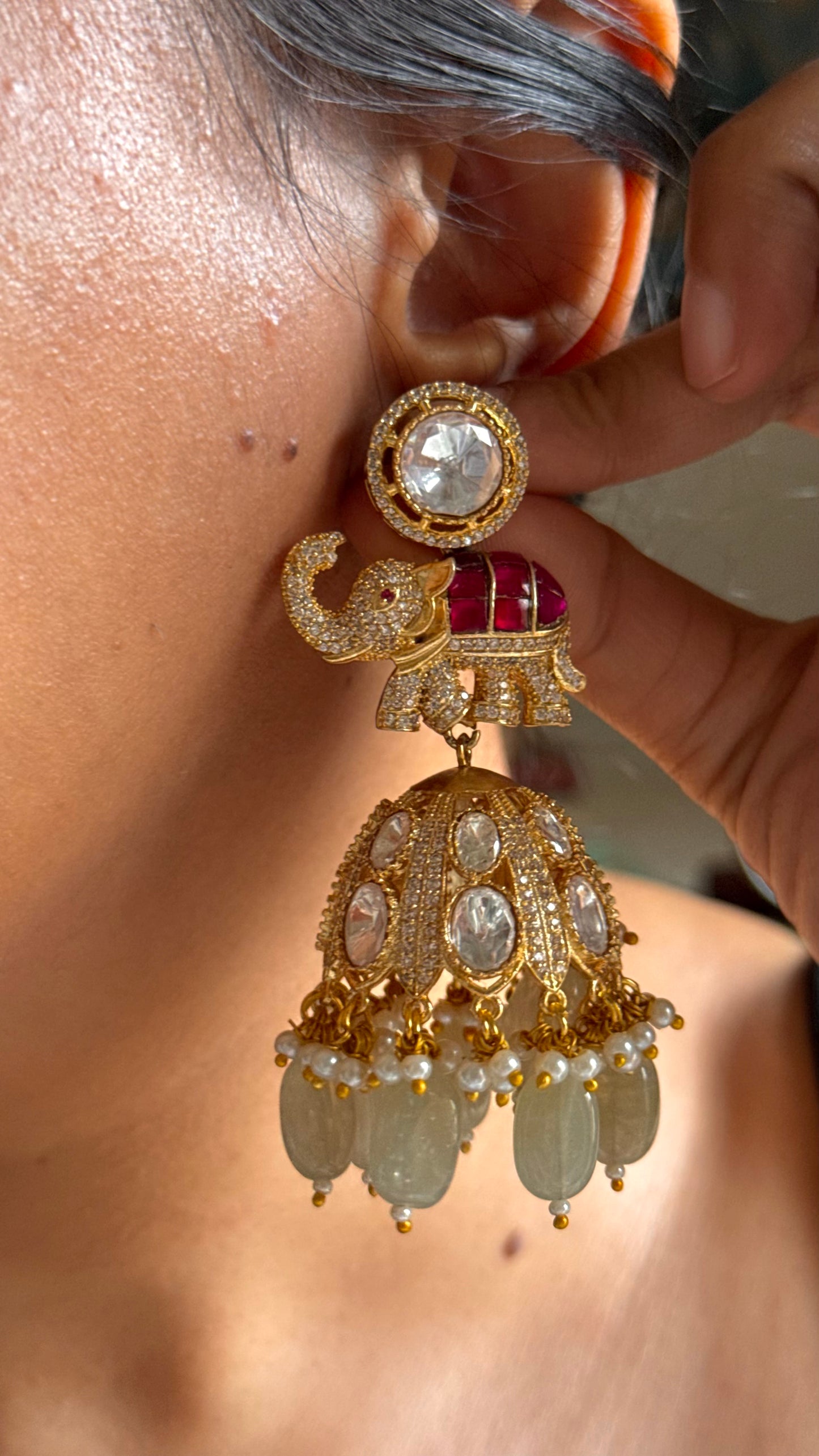 Gajanand inspired designer jhumki with strawberry drops