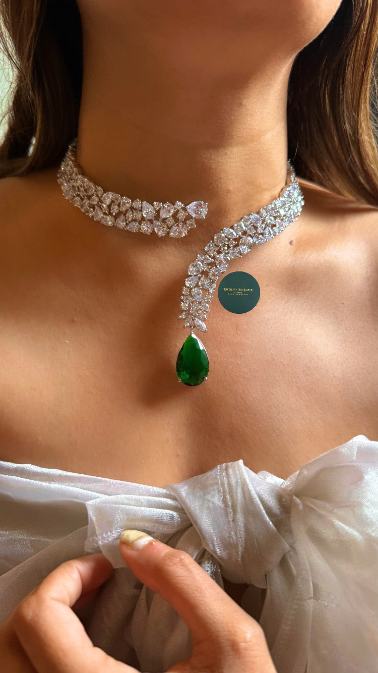 Ojasvi cz diamond cocktail choker set with emerald drops