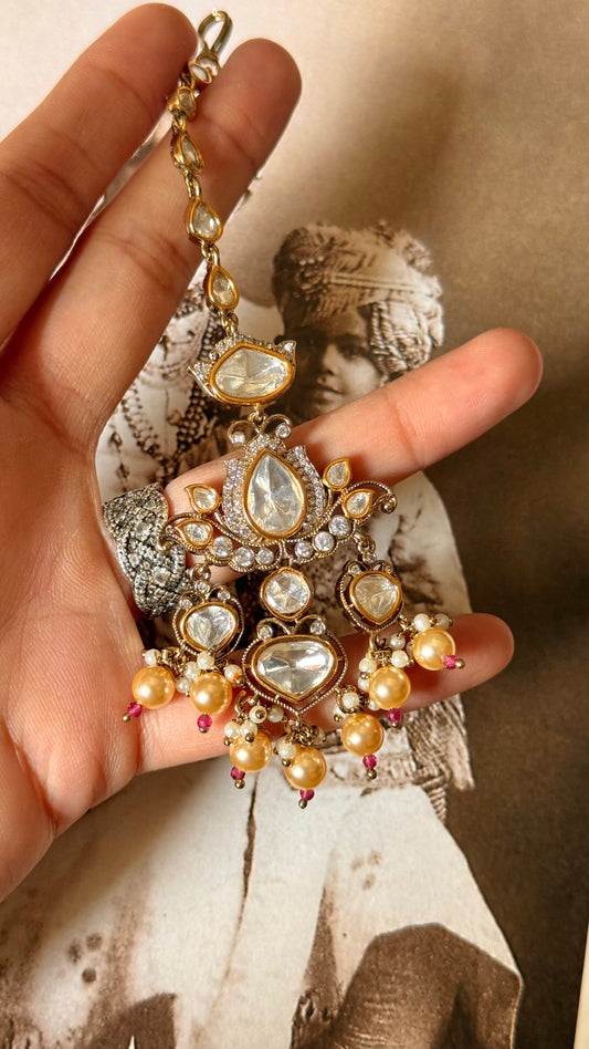 Moissanige uncut polki with pearl drop maangtika