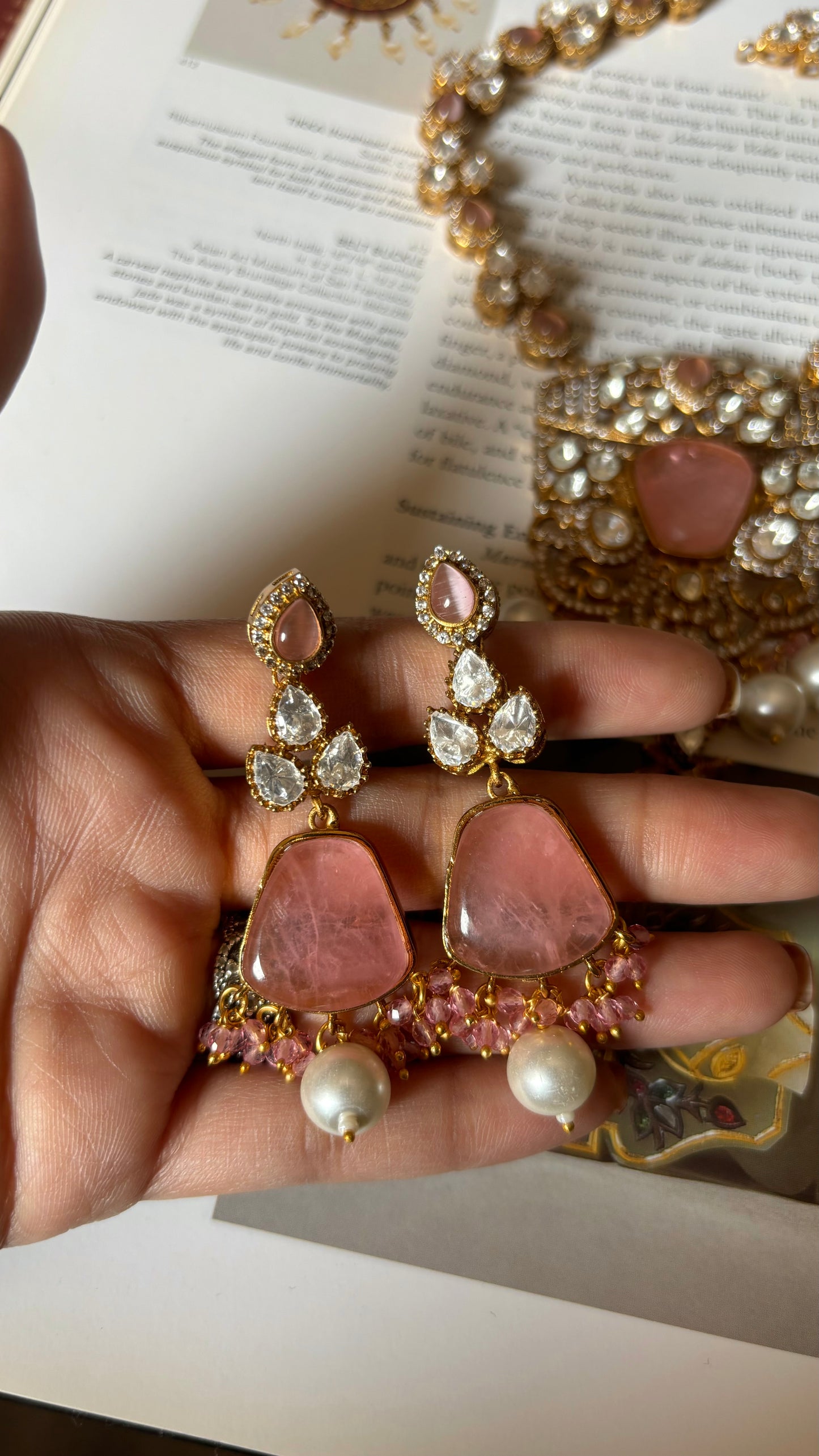 Neiza Rose quartz heritage moissanite collar necklace with earrings