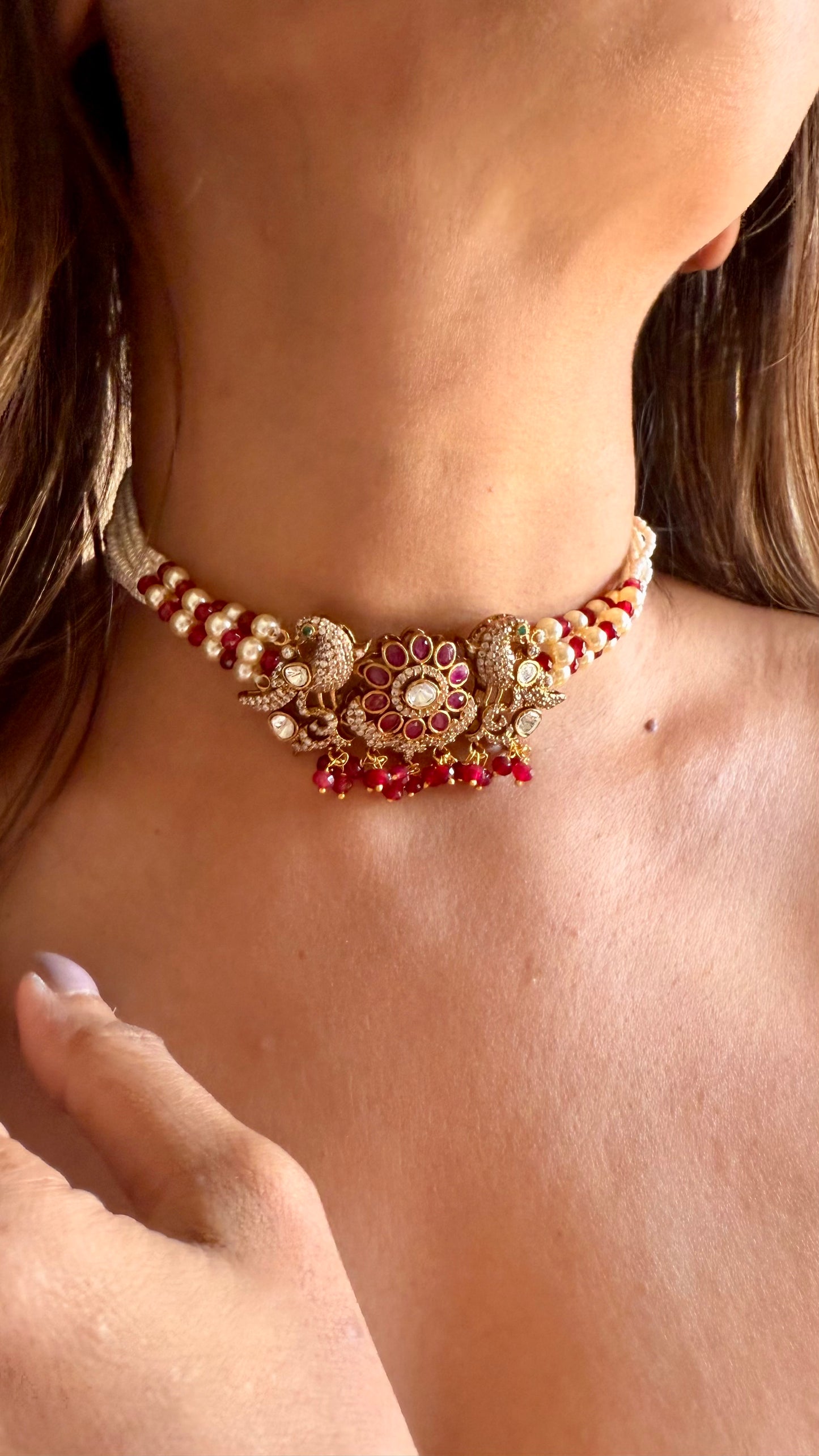 Morvya Ruby peacock thread choker