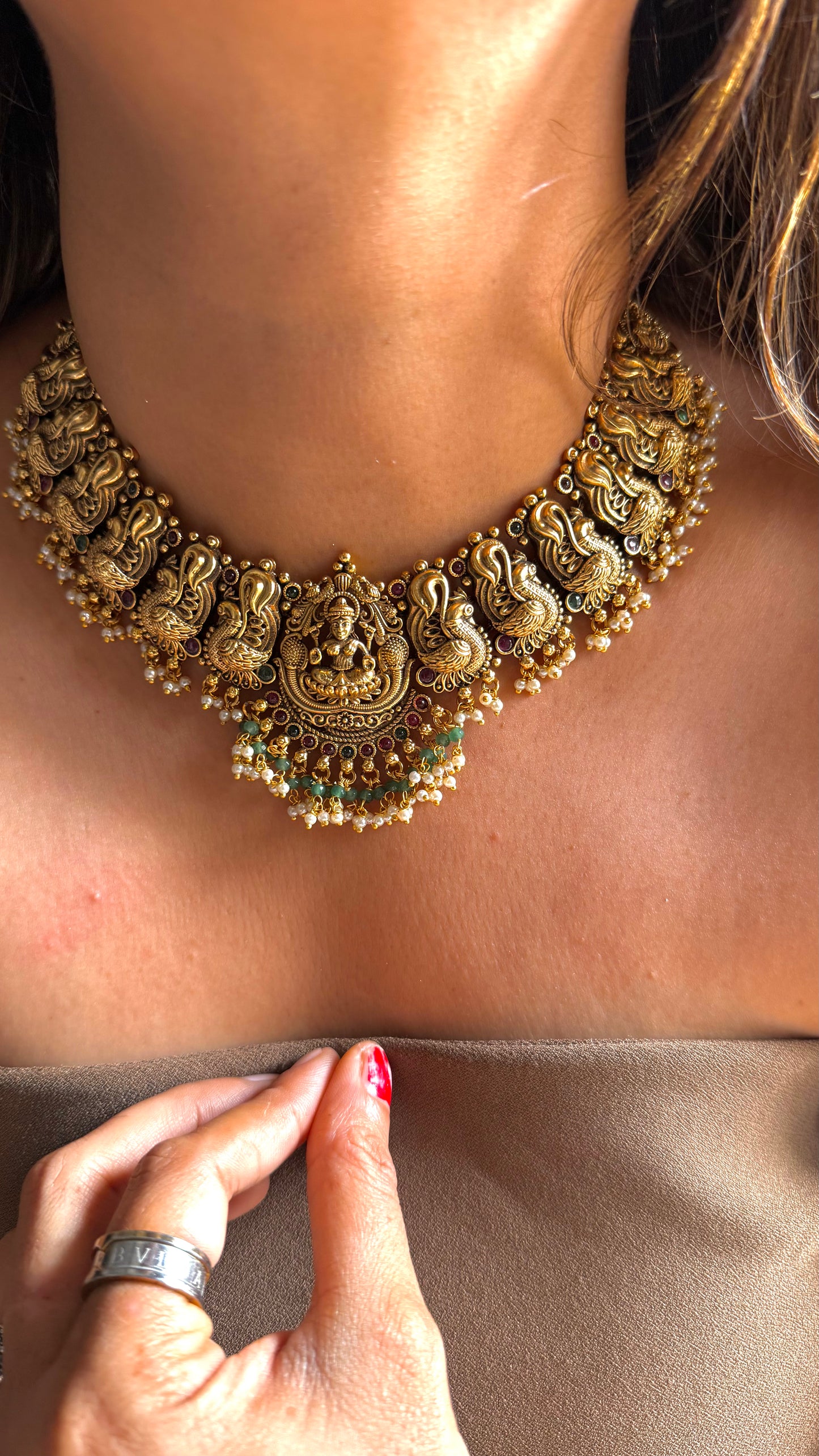 Goddess Laxmi mint & pearl nakshi temple necklace