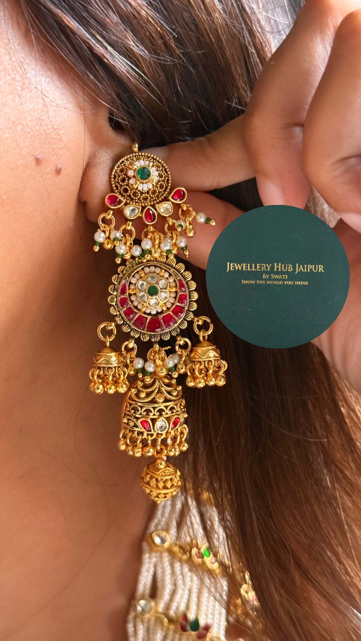 Handmade Heritage Polki Rani pink & emerald heritage design rajwada mid length set