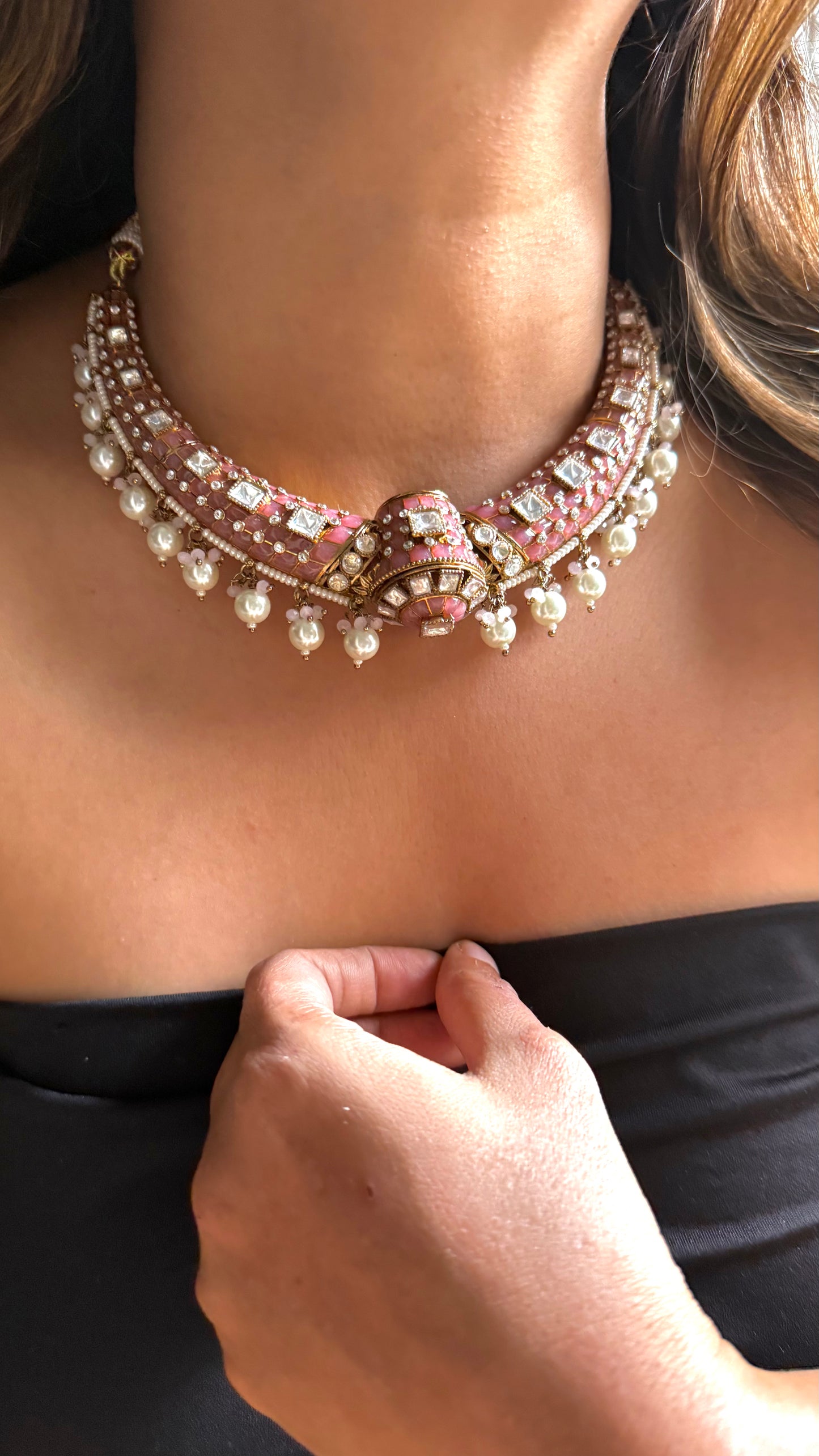 Pink meenakari moissanite polki  rajwadi Aad