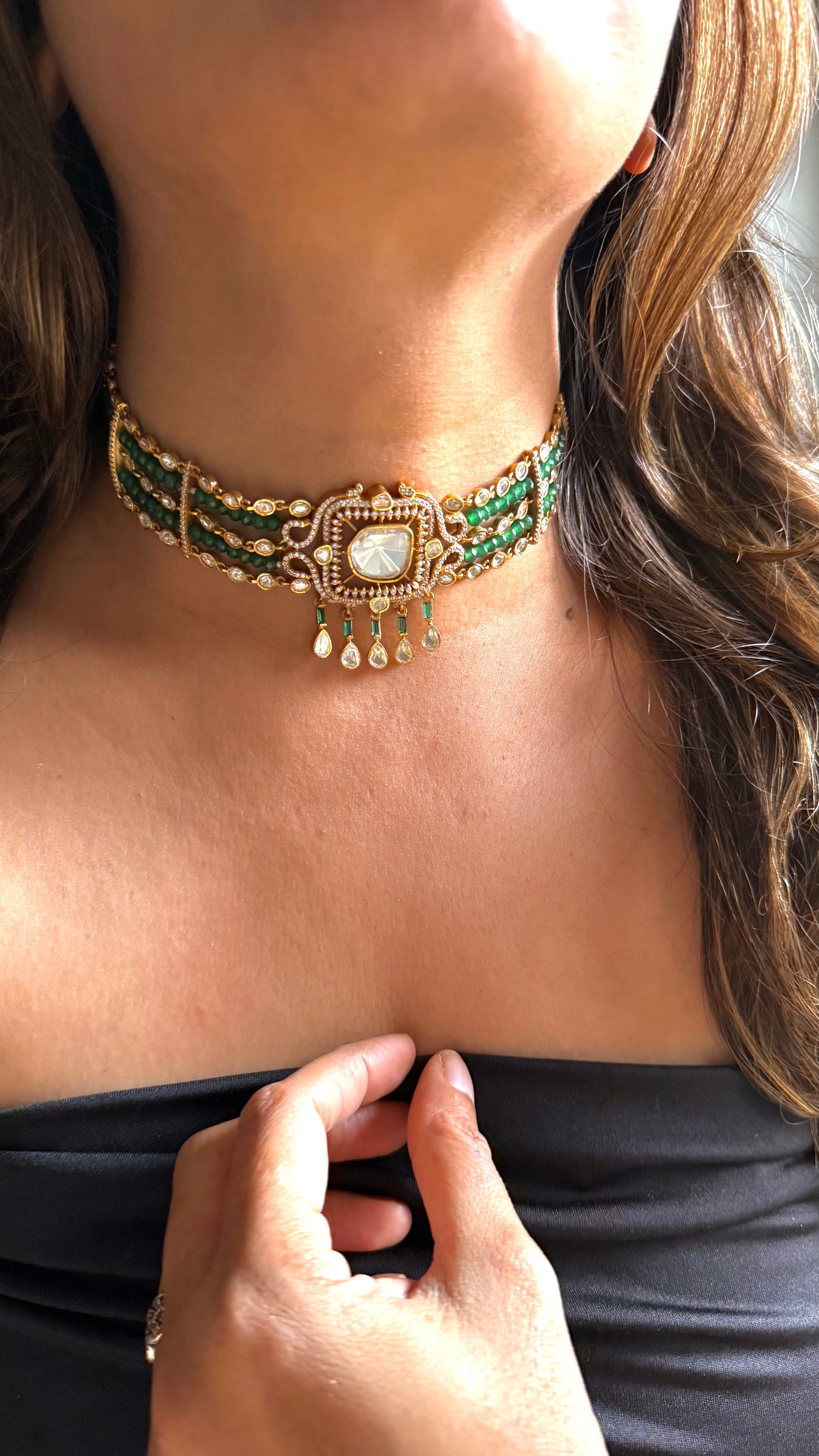 Emerald & Moissanite Uncut LV Polki choker