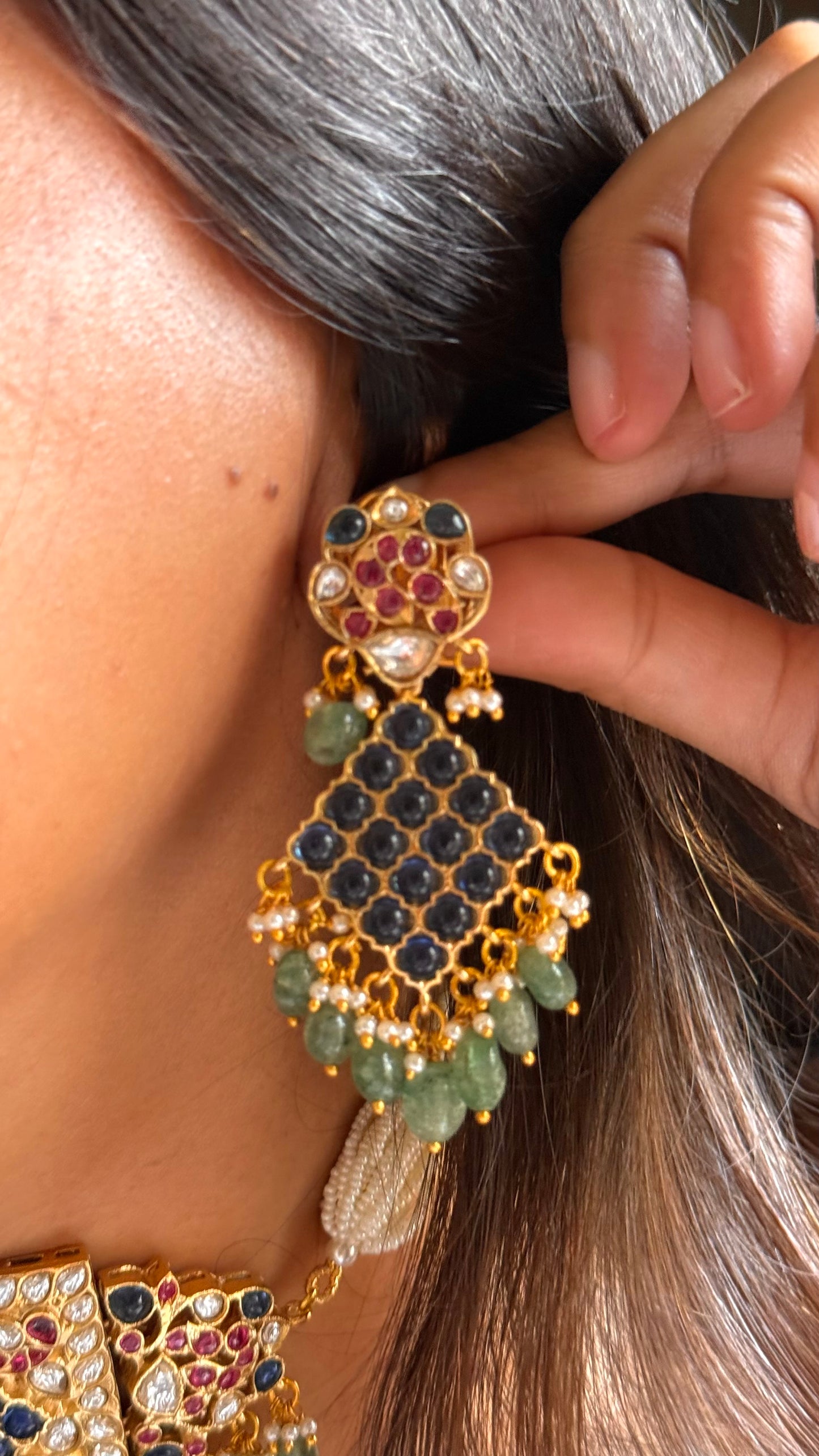 Paachi Kundan Jadaau sapphire &ruby  mint drops  thread choker necklace