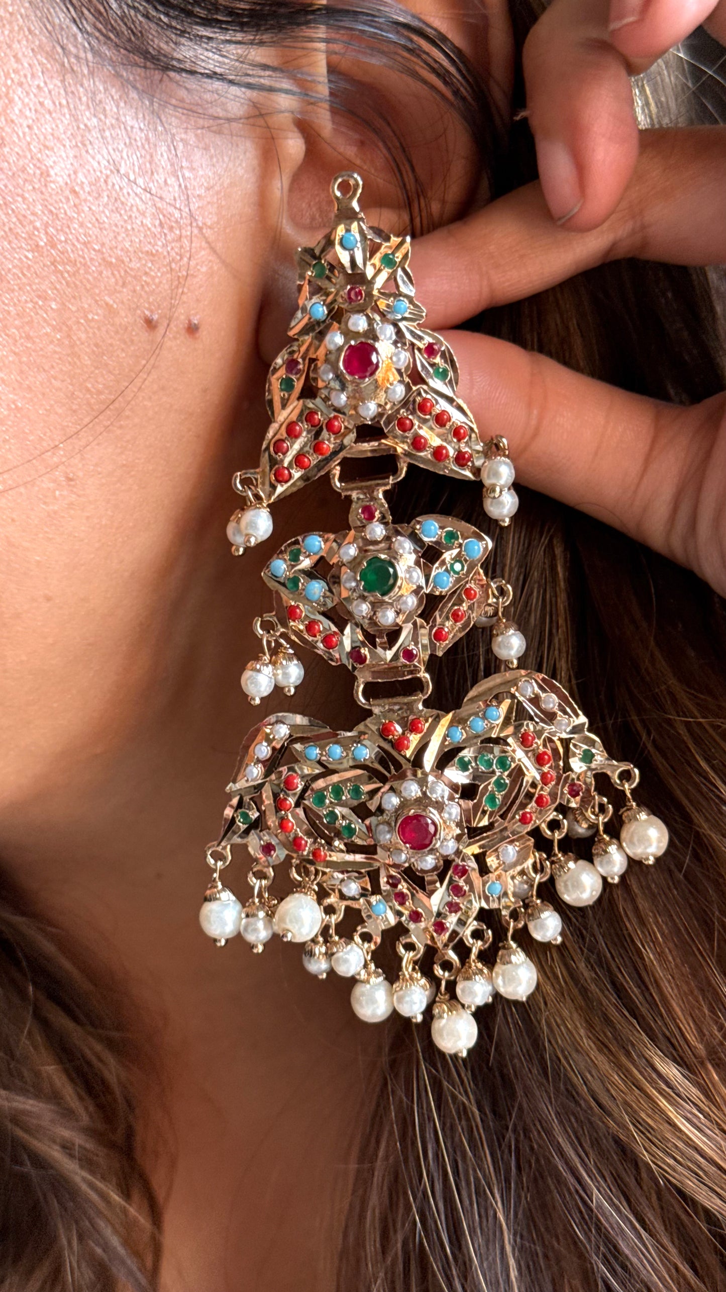 Navratna Jadau triple layer danglers