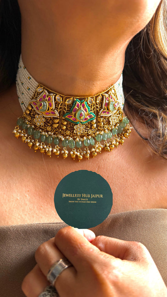 Mint inlay lotus designer rajwada necklace