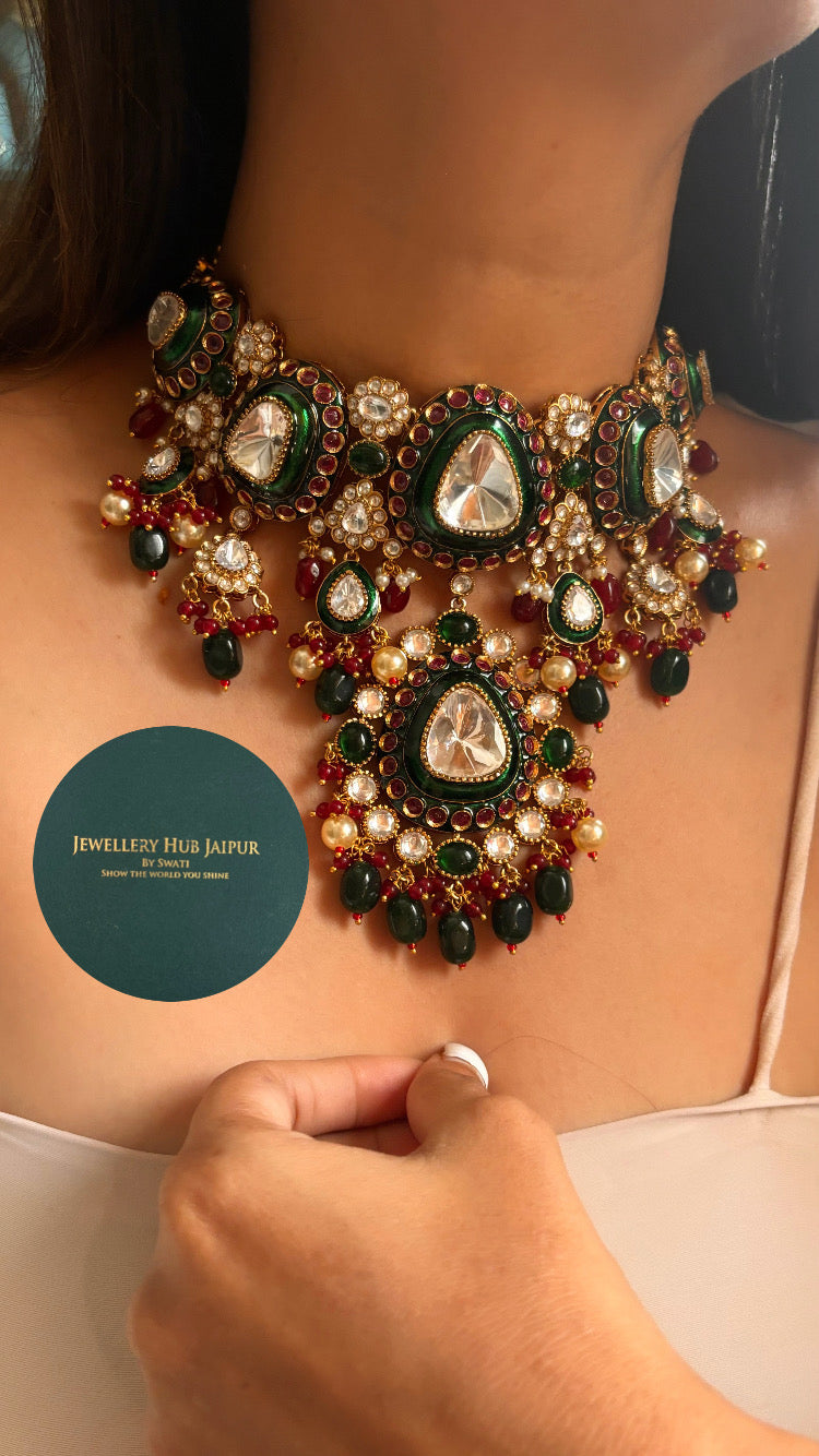 Emerald & ruby meenakari designer necklace