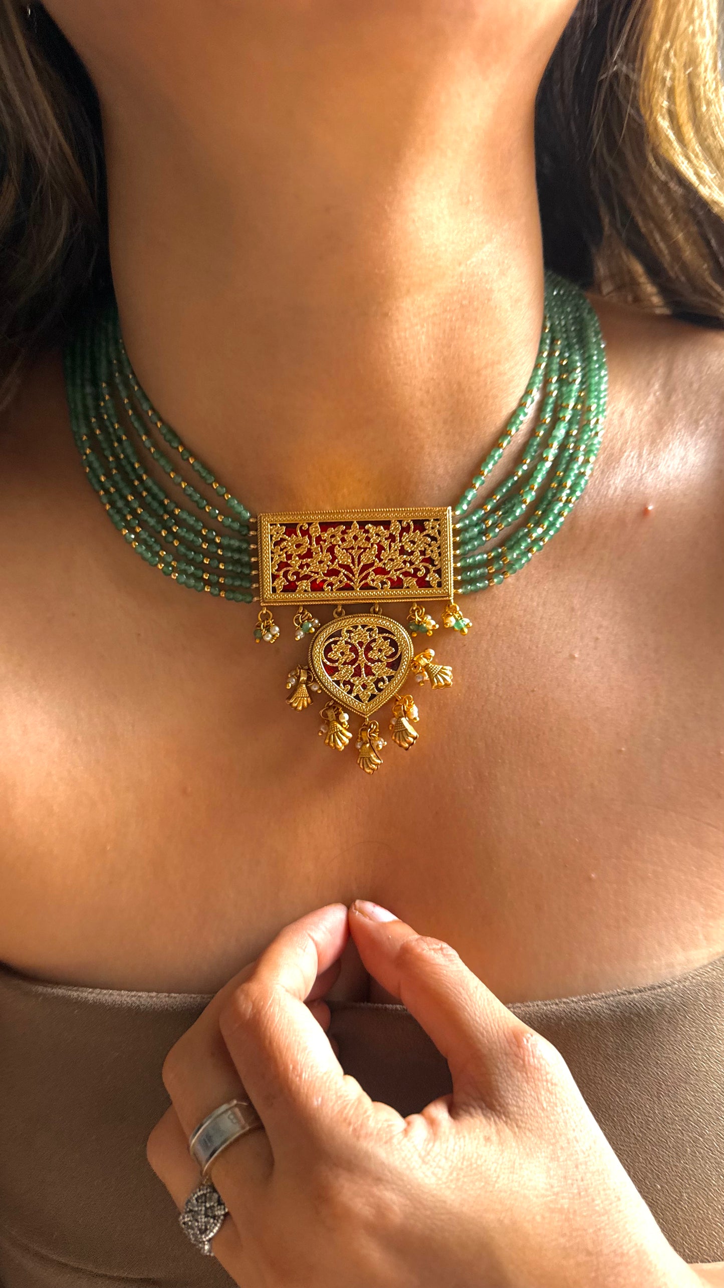 Theva work ruby & mint necklace
