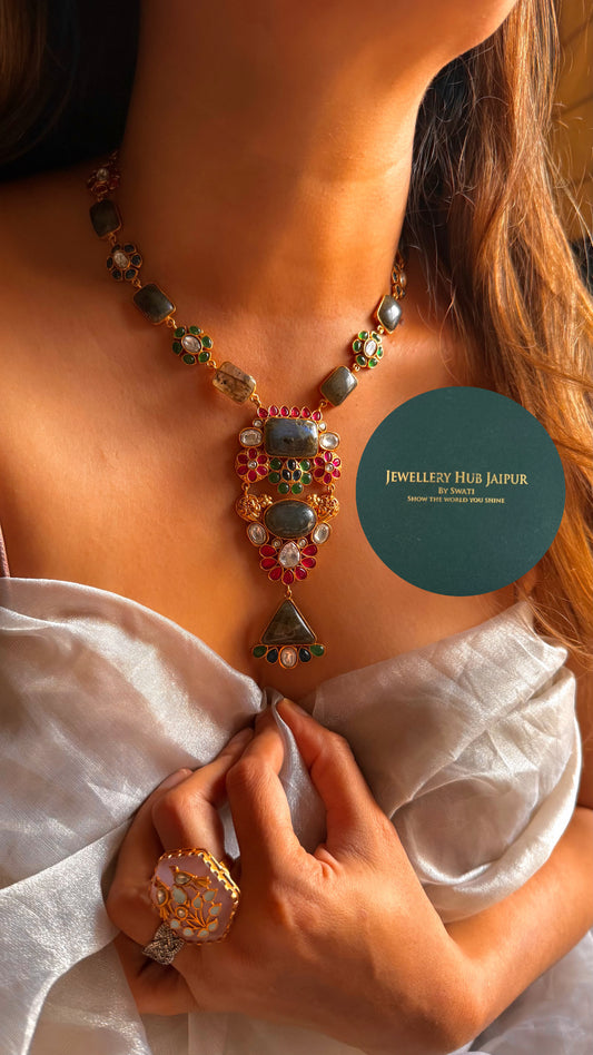 Amrapali inspired Natural stone Rani pink & emerald set