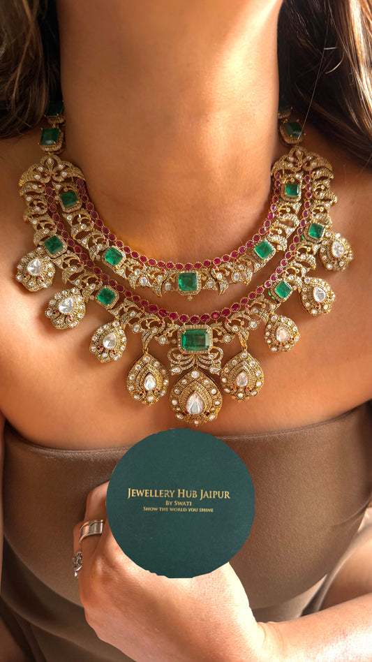Emerald & rani pink dual layer necklace
