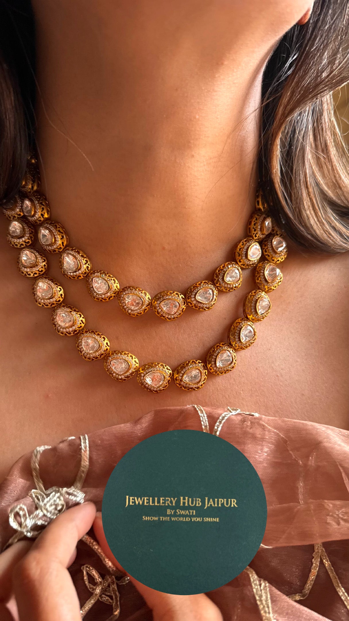 Peeli polki with gold polish dual line collar necklace