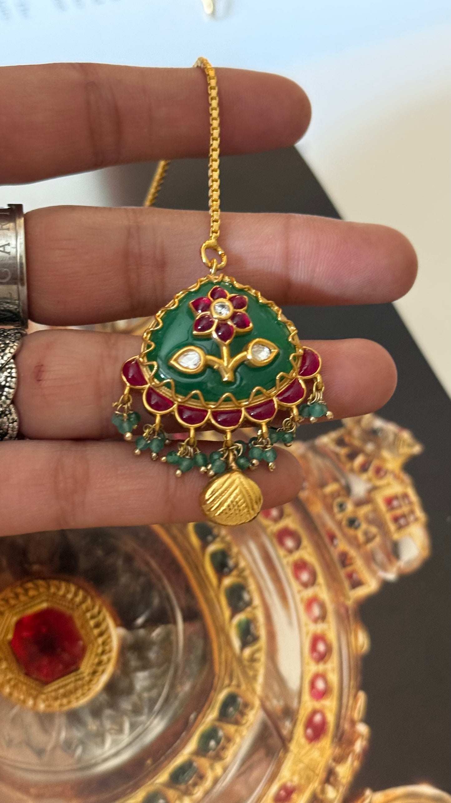 Ruby inlay work emerald maangtika