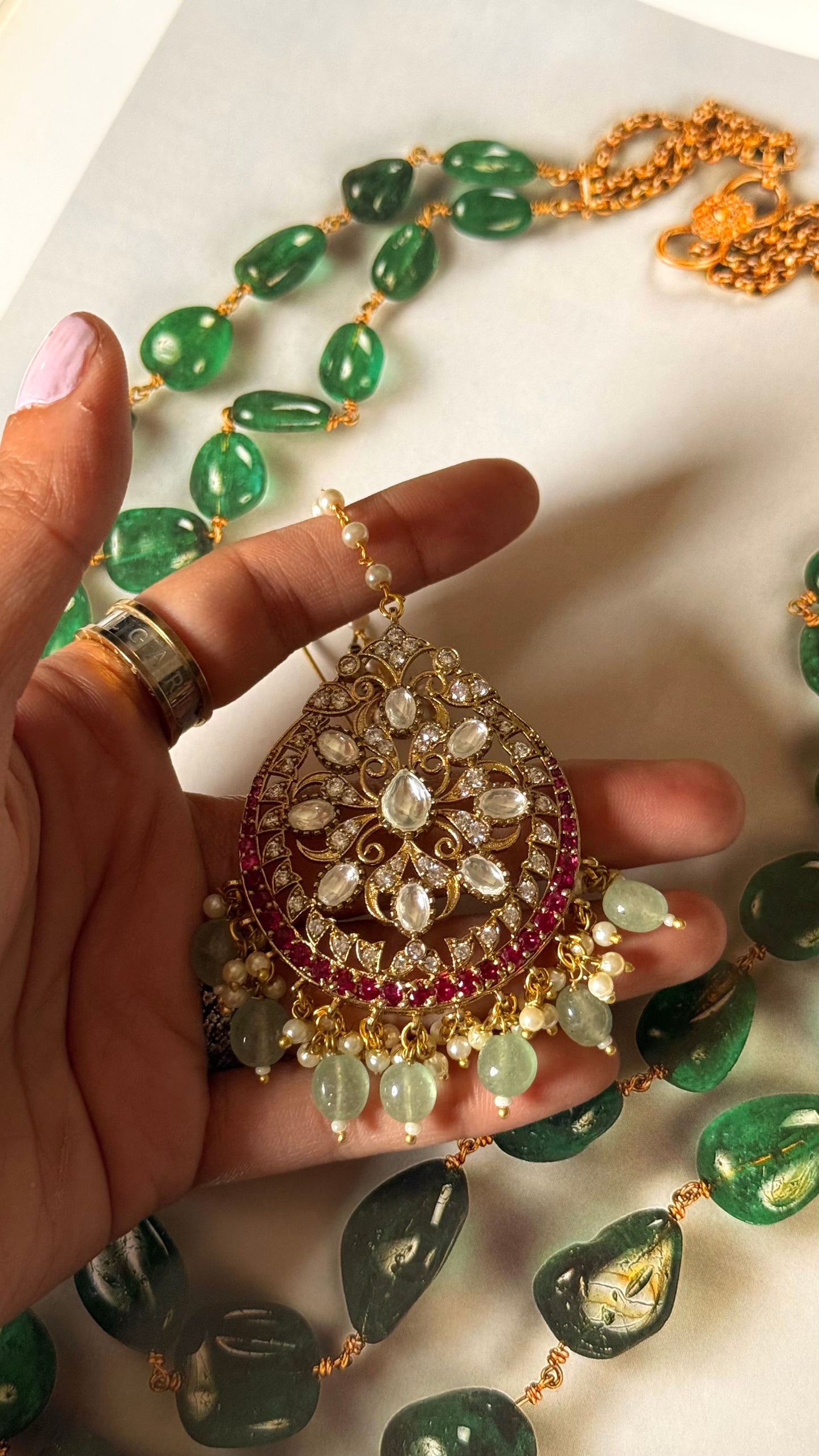 Rani pink kundan with mint strawberry Maangtika