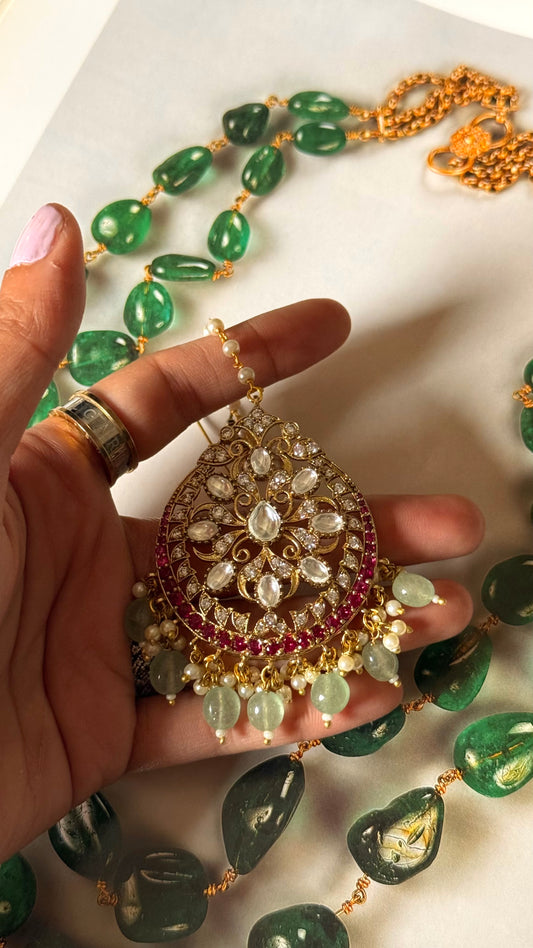 Rani pink kundan with mint strawberry Maangtika