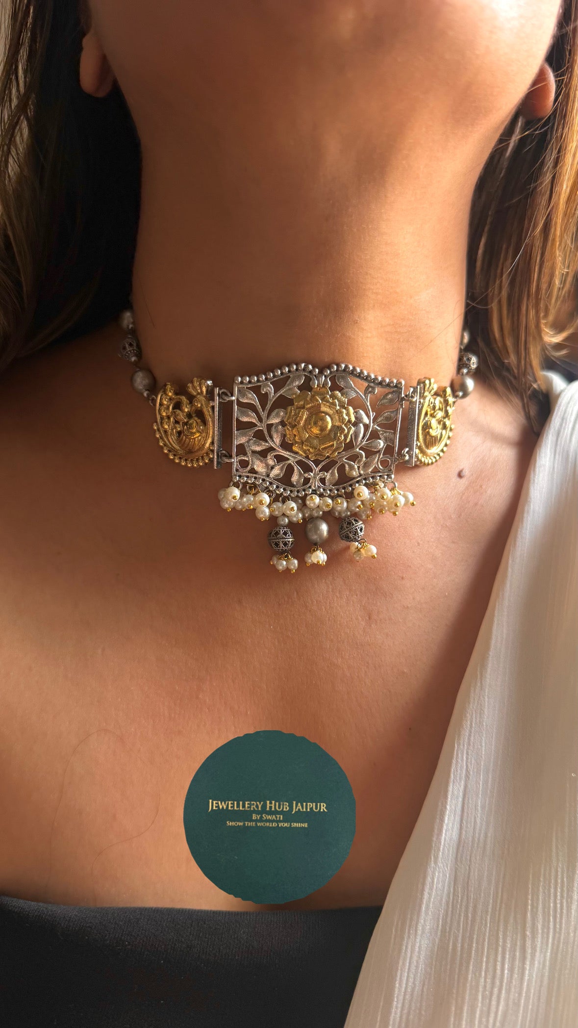 Tribal jodaro Golden Floral Pearl Drop Choker