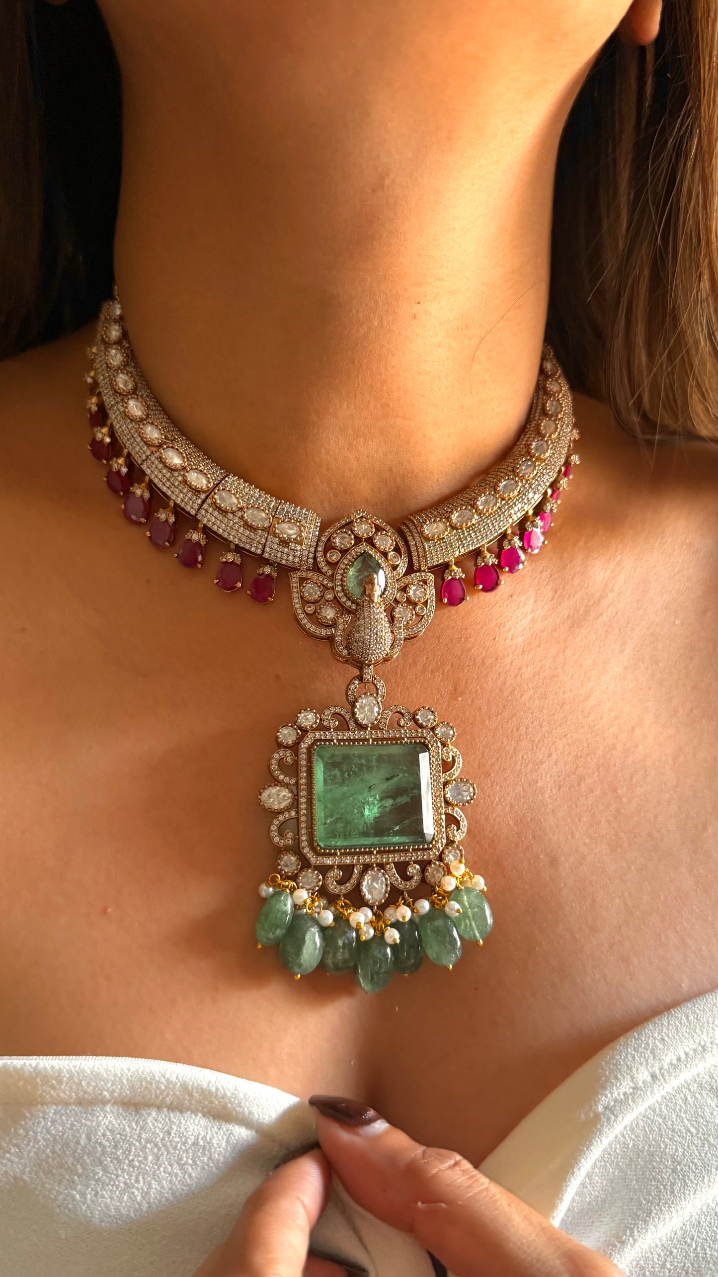 Mint doublet moissanite peacock with rani pink drops set