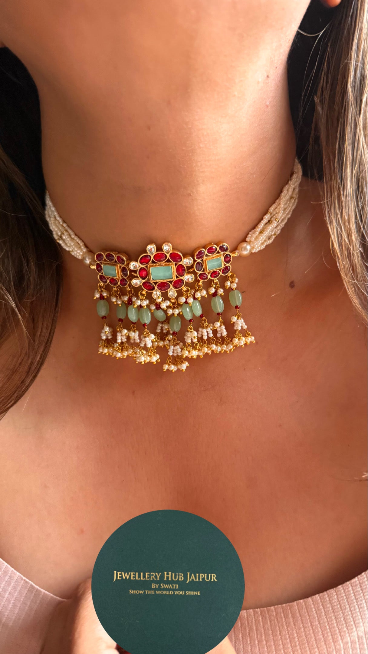 Firoza  & Rani pink Paachi Kundan thread choker