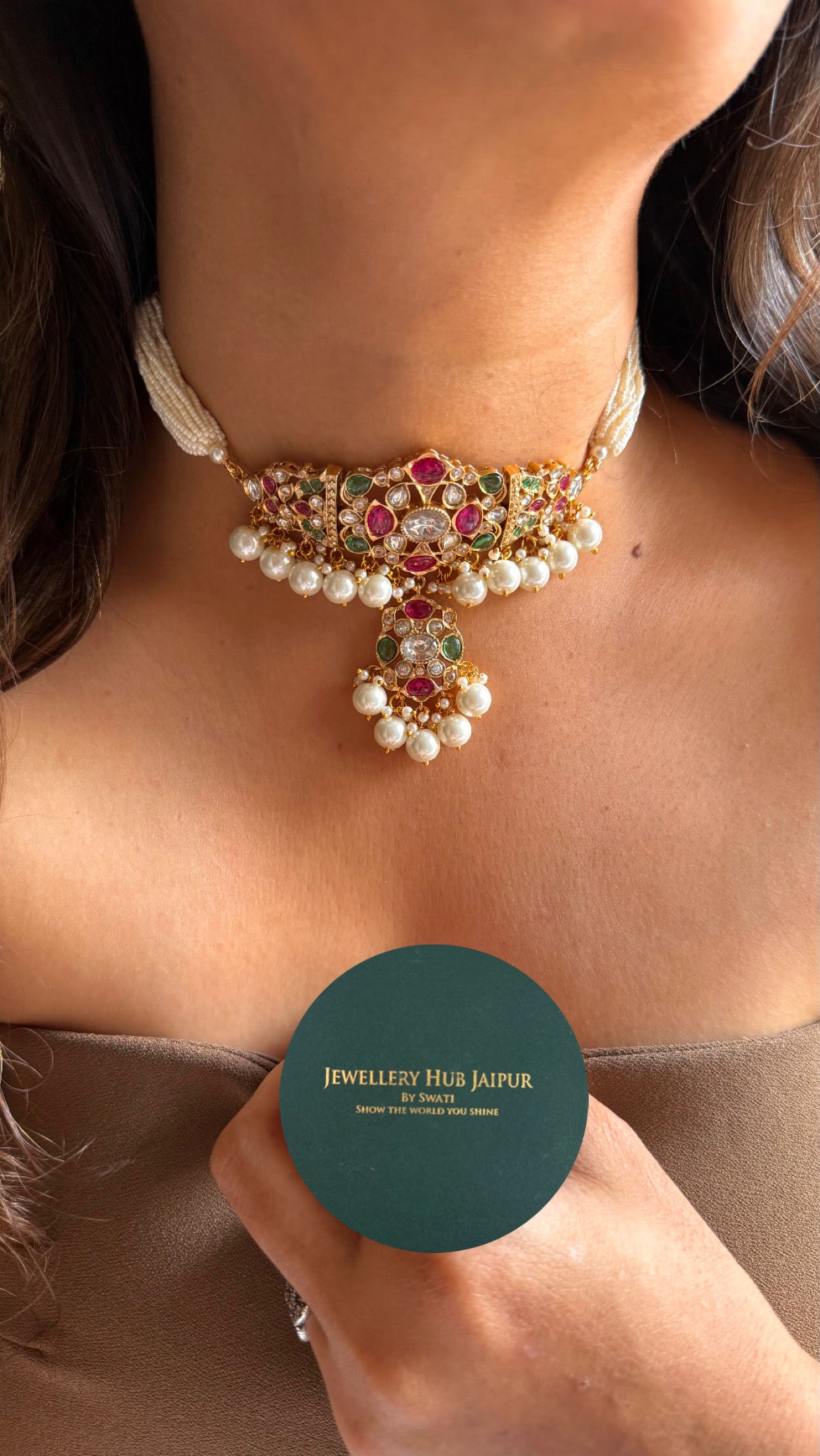 Paachi Kundan Rani pink ruby & mint with pearl detailing choker necklace