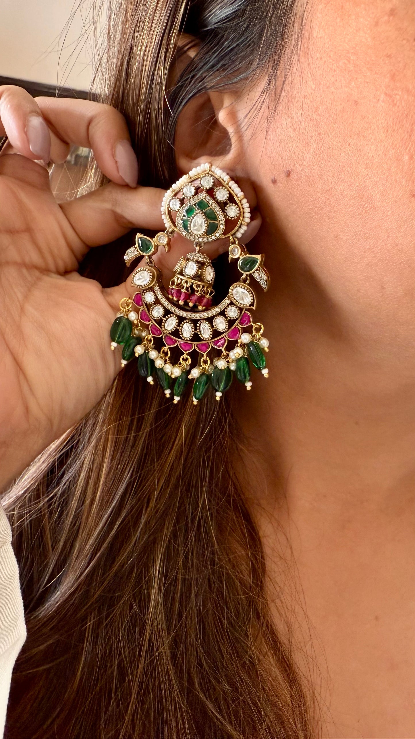 Rani pink & emerald moissanite polki chandbali