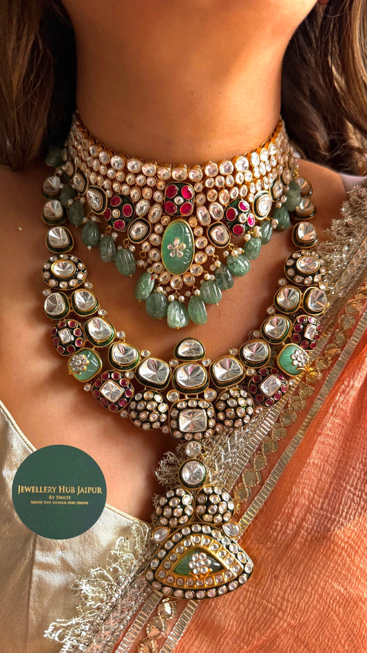 Meenakari bridal combo with mint drops Necklace