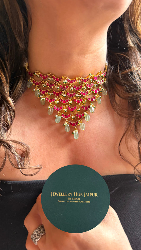 Designer half moon shape with mint wdesigner choker necklace