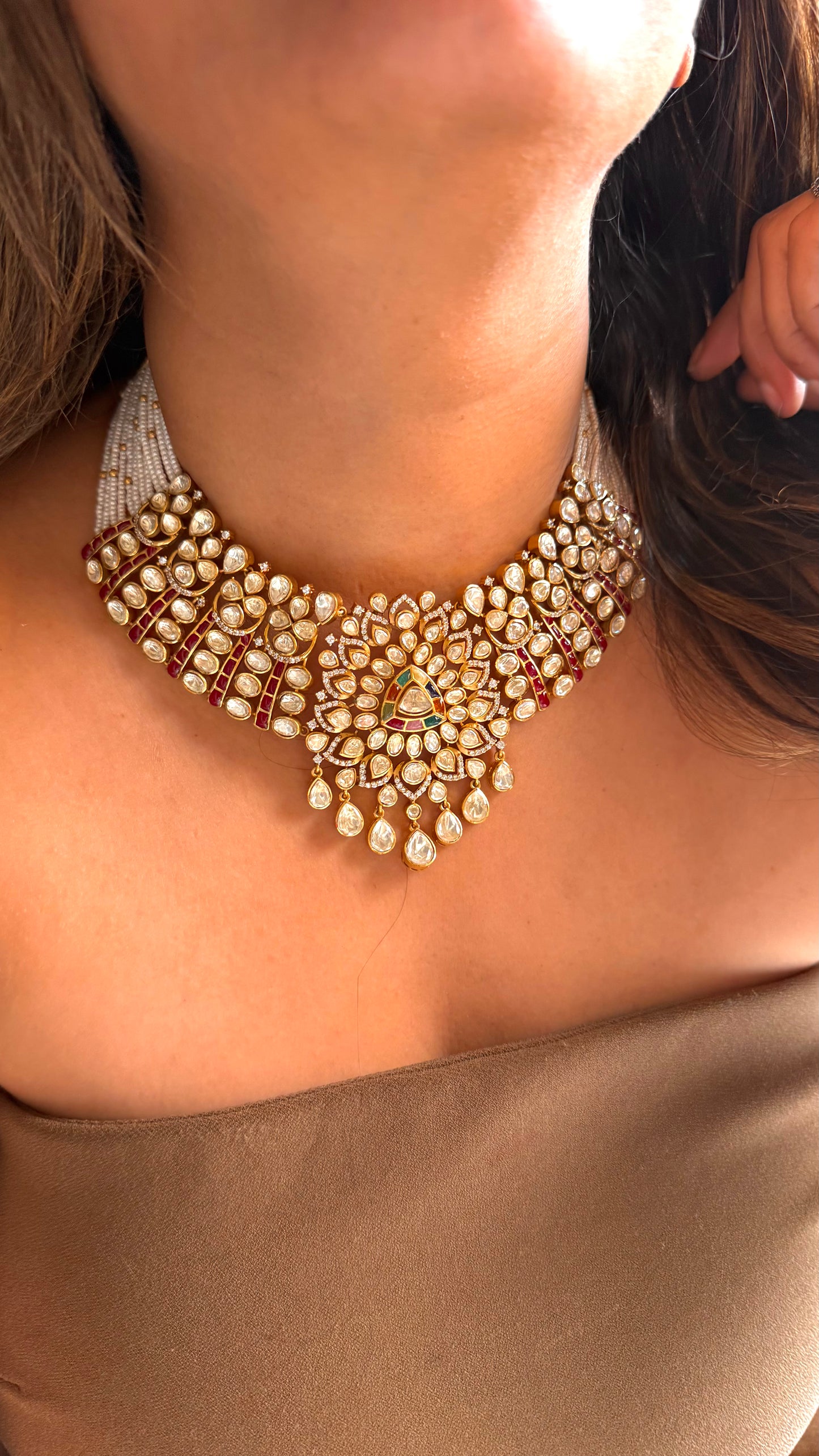 LV shade Polki Navratna Moissanite Necklace