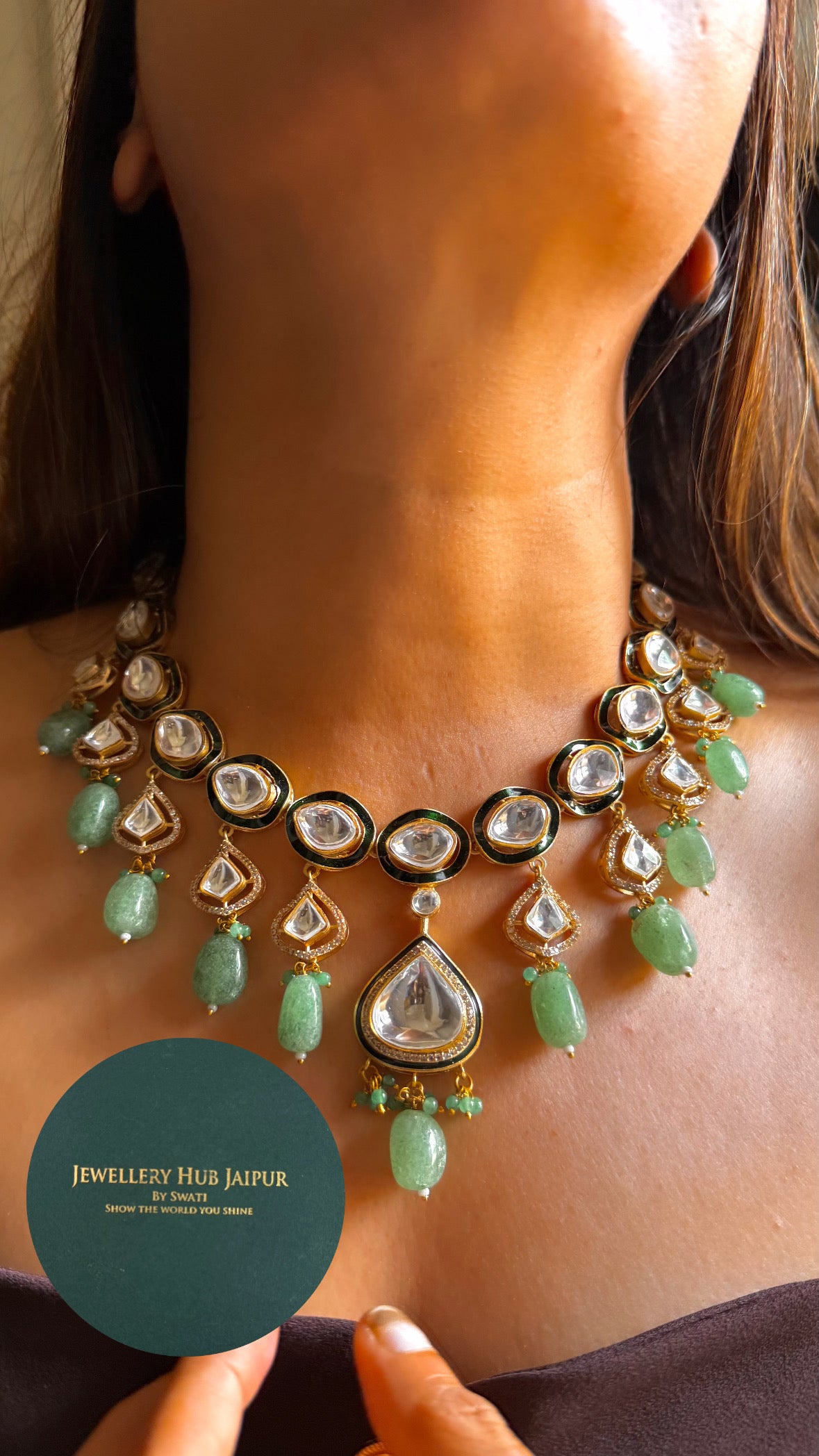 Emerald meenakari drop shape polki necklace