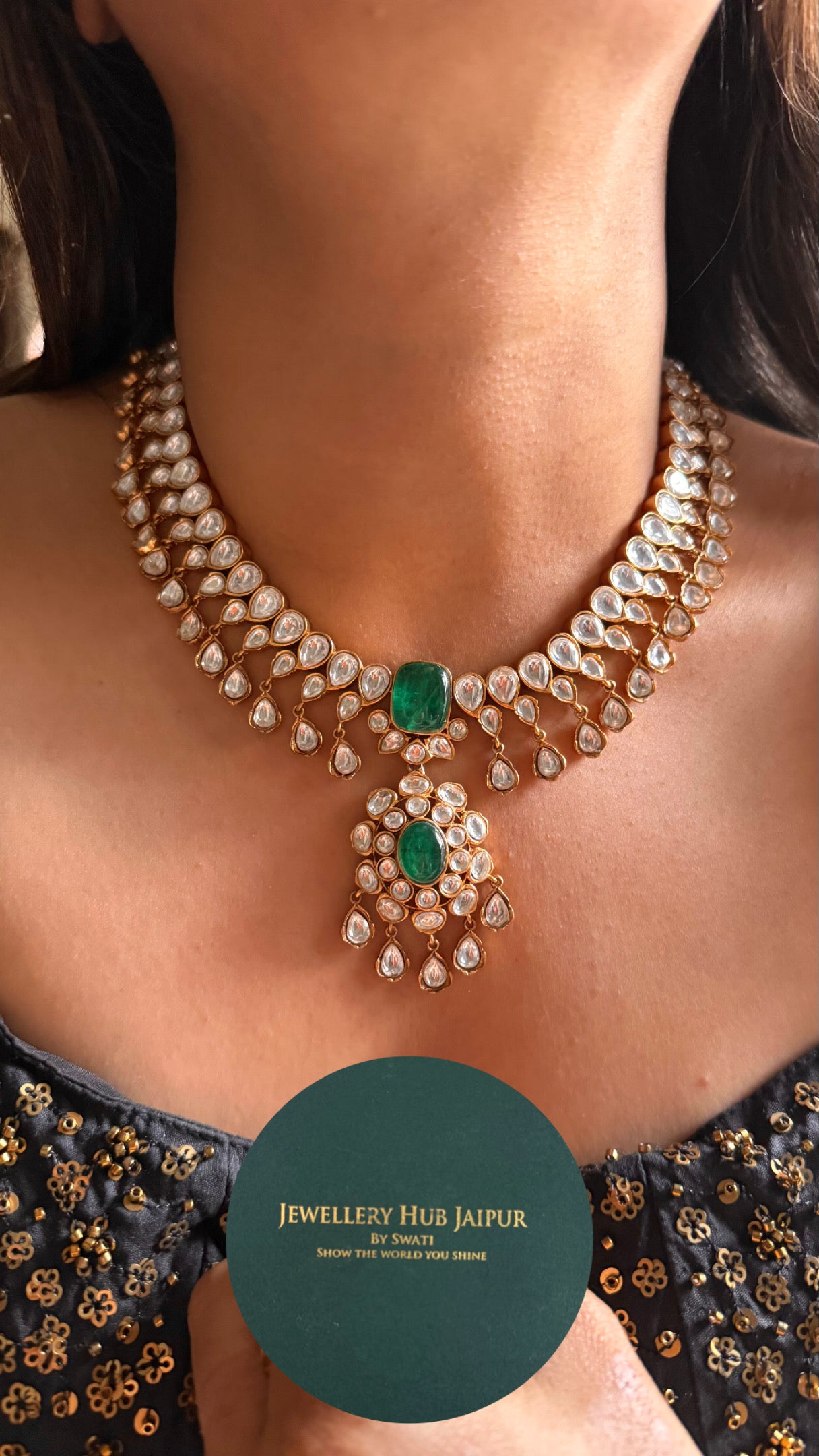 Emerald polki statement collar necklace