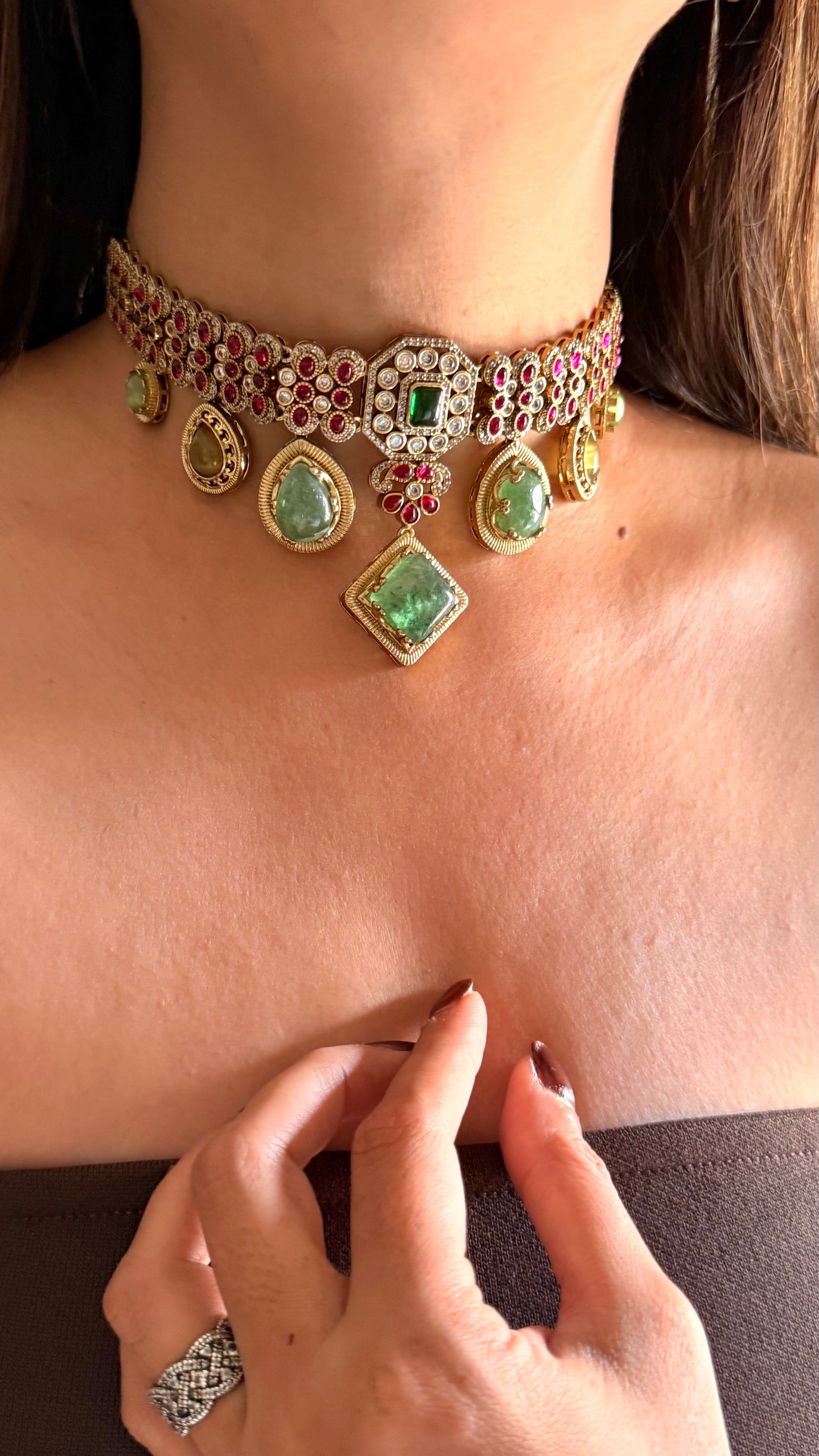 Vanya Mint doublet and rani pink moissanite choker set
