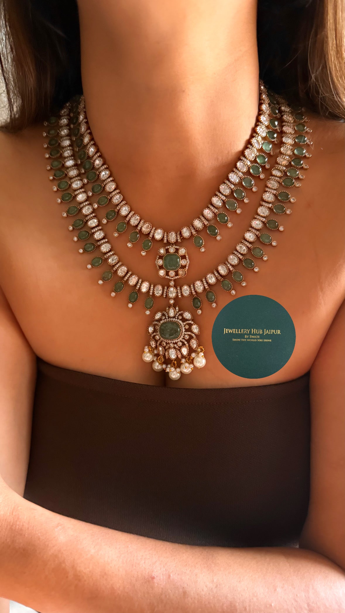 Dual layer moissanite & mint with pearl detailing collar necklace