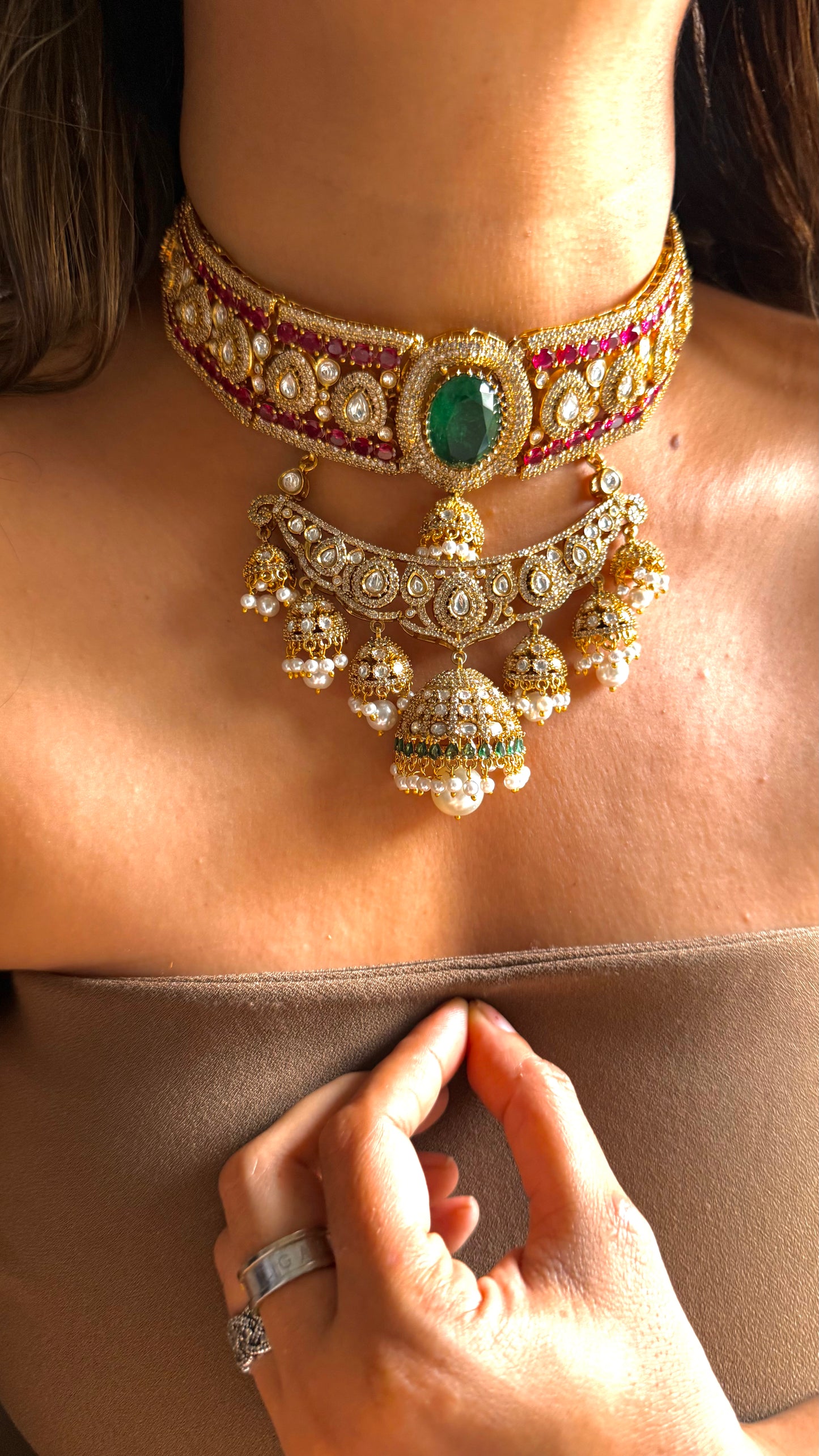 Emerald & Rani Pink jhumki necklace with pearl detailing