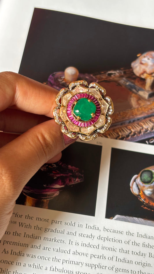Floral peeli polki emerald & ruby ring