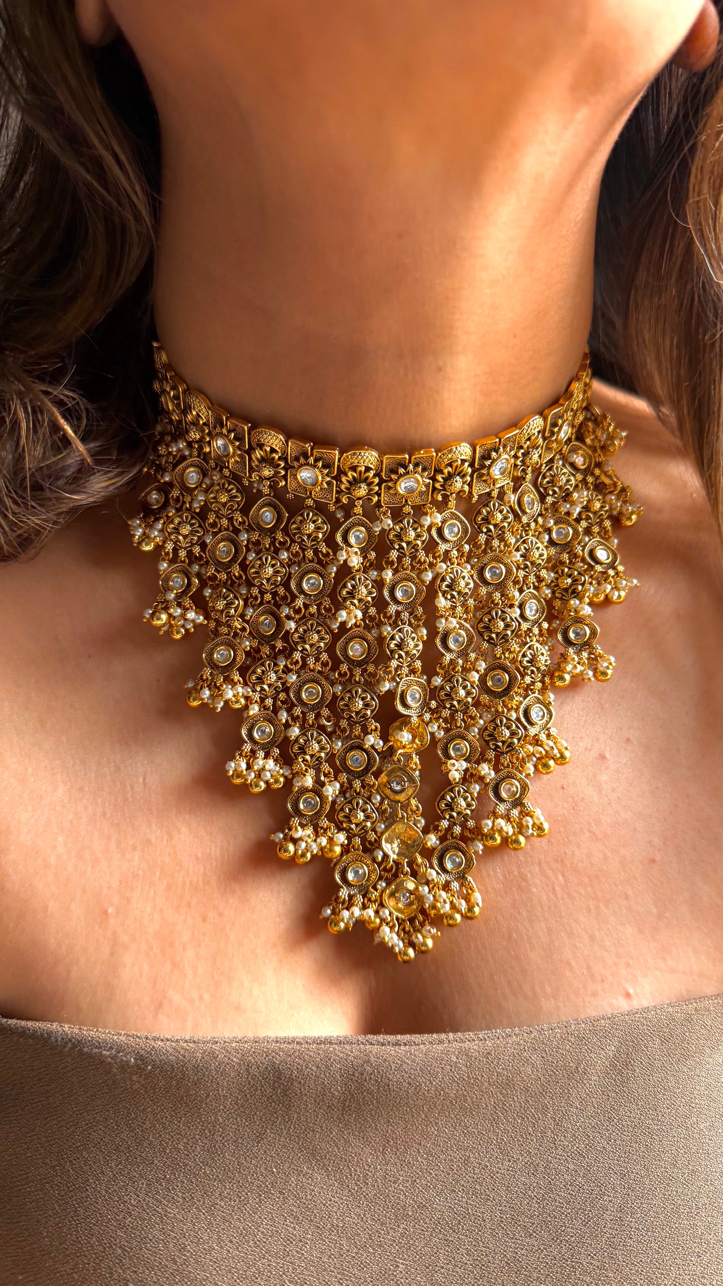 Nakshi oxidised waterfall polki necklace set