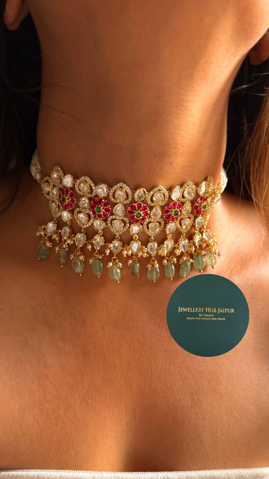 Rani pink & emerald real moissanite with mint drop choker set