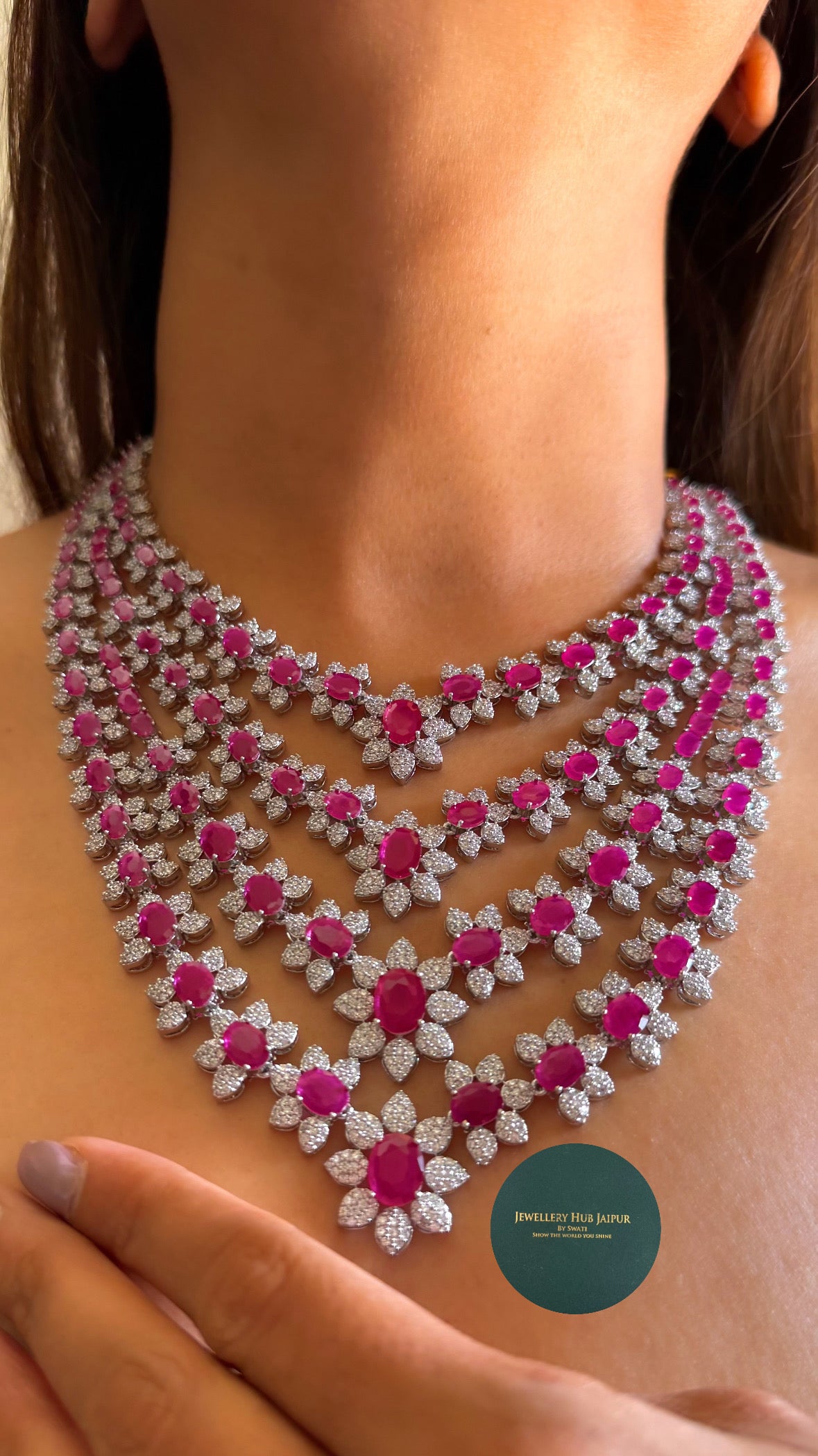 Veya Rani pink Cz diamond four layered necklace
