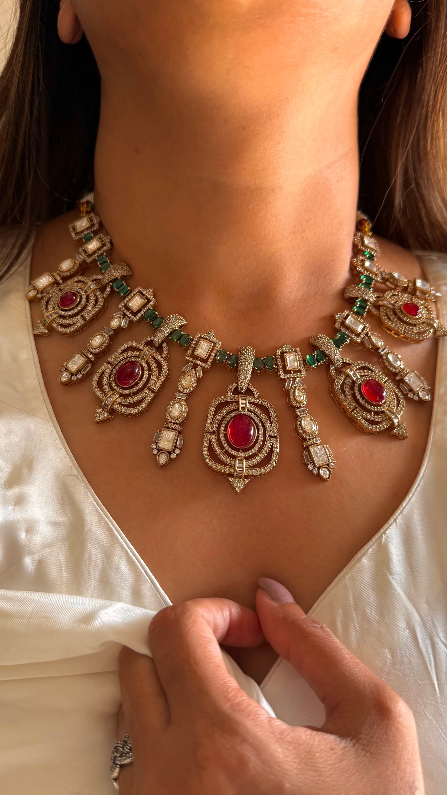 Ruby & emerald doublet necklace set