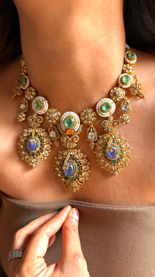 Mint & Sapphire Peacock inspired collar necklace