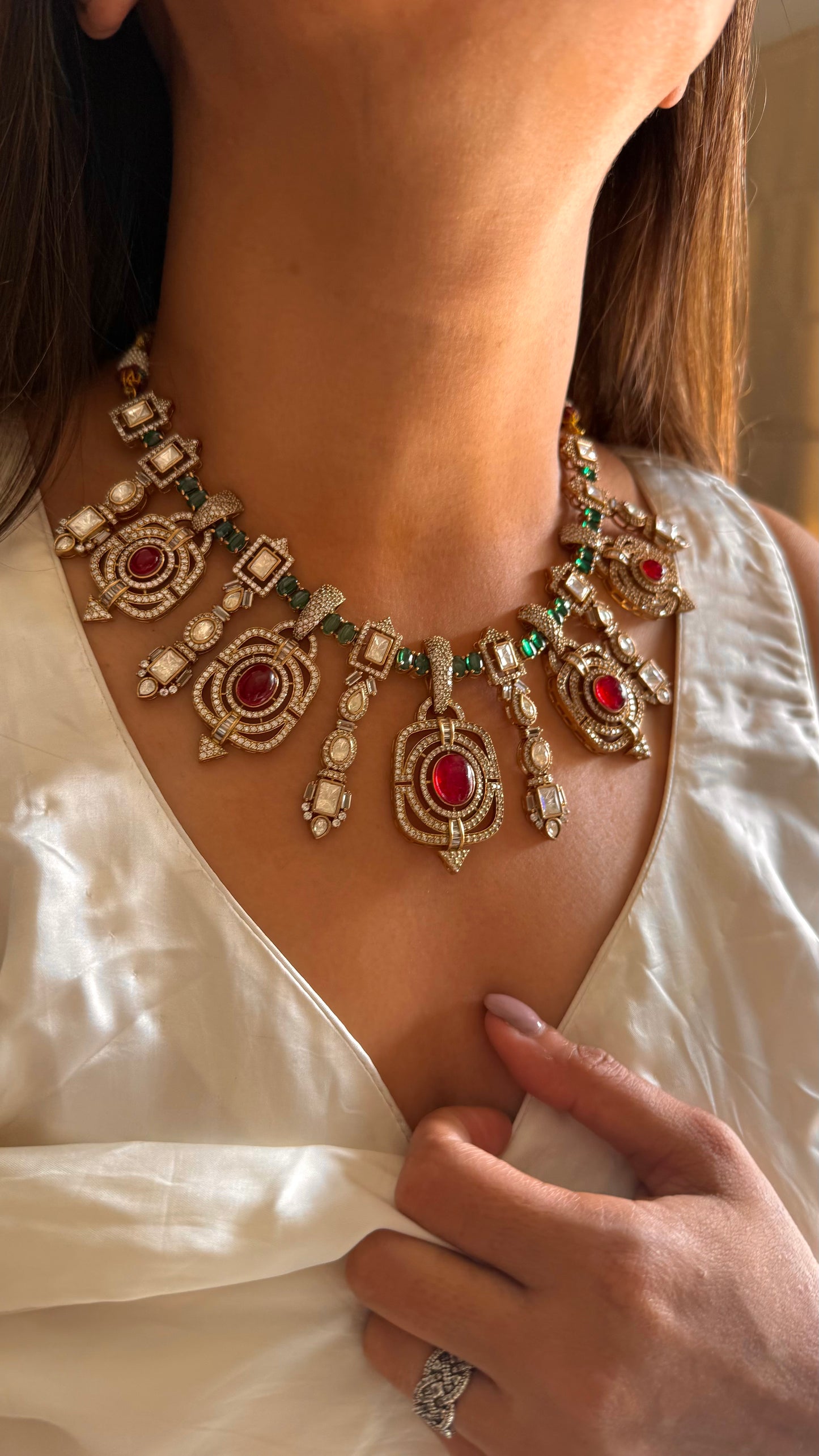 Ruby & emerald doublet necklace set