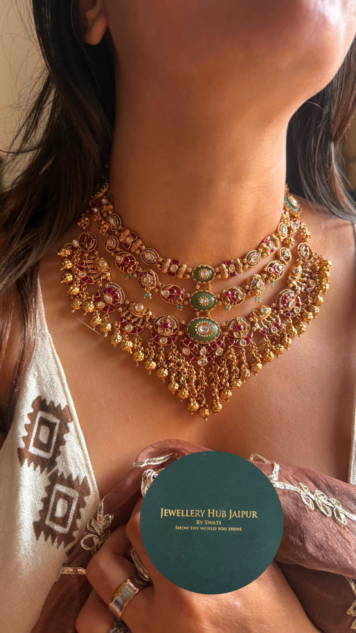 Rani pink ruby & emerald gungroo drops rajwada necklace