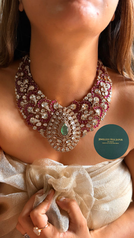 Ruby & moissanite with panna detailing designer collar necklace