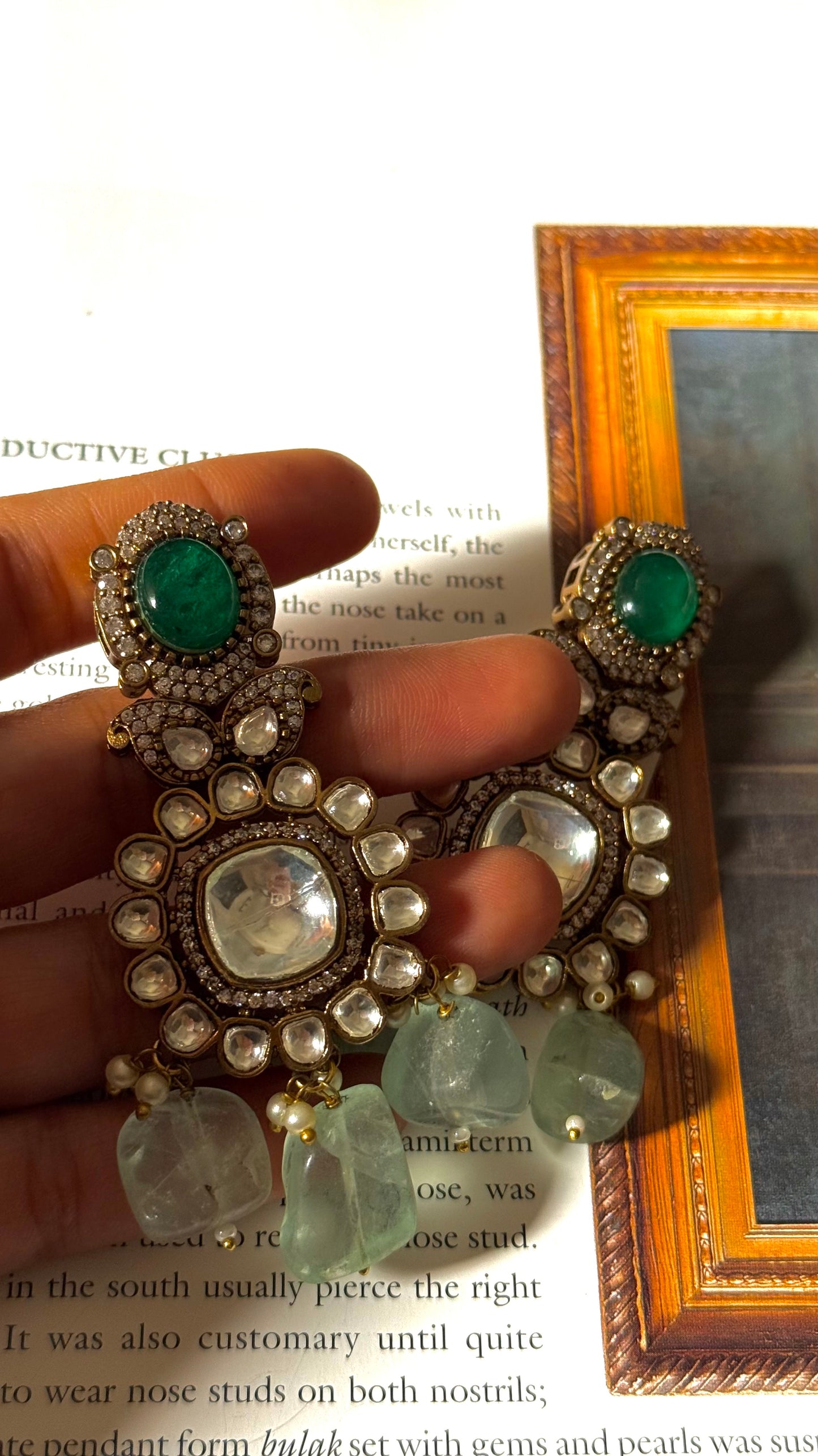 Emerald victorian uncut polki danglers