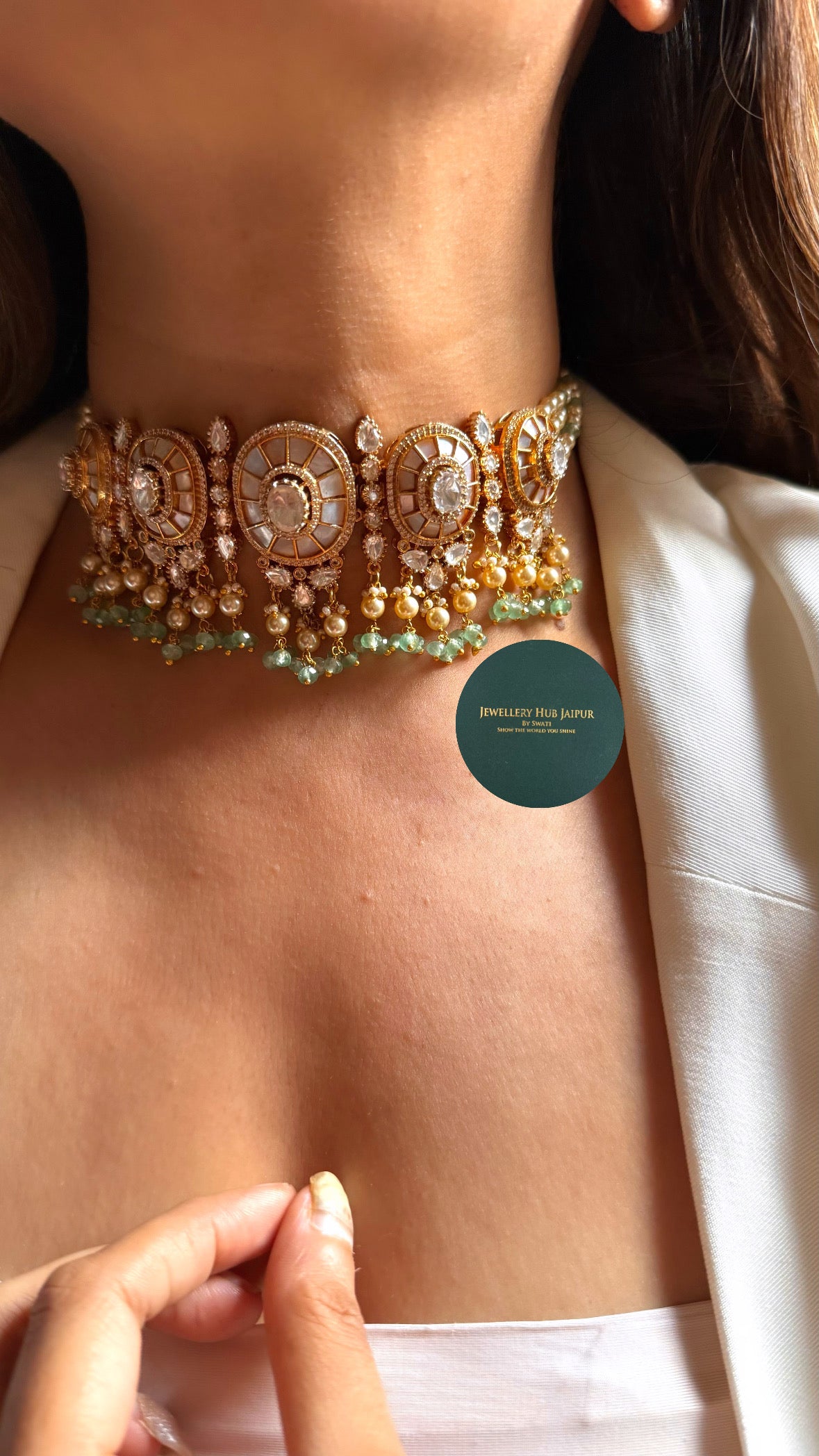 Mother of pearl Katdana choker with mint drops choker set