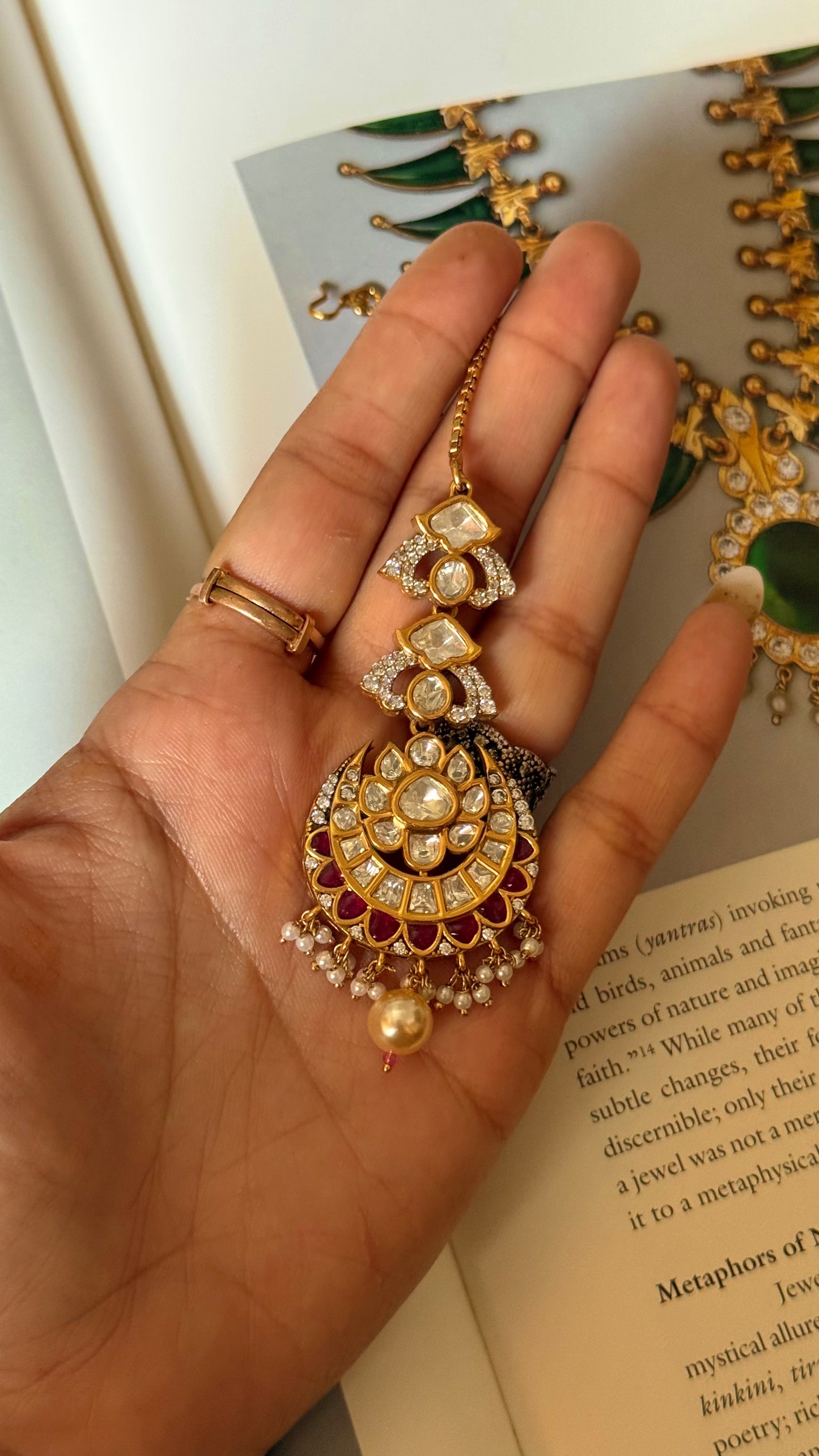 Moissanite floral polki mangtika with ruby & pearl detailing