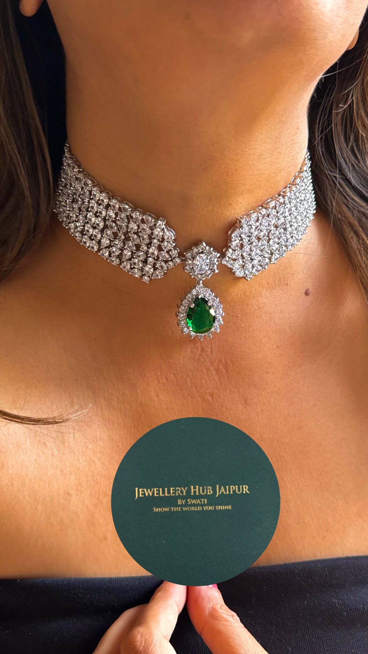 Emerald doublet cz diamond choker Necklace