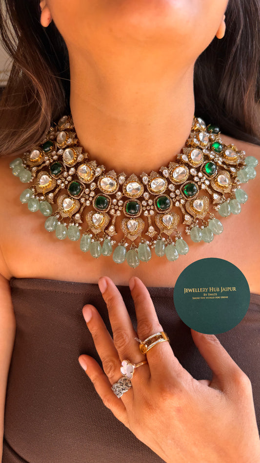 Emerald uncut polki Victorian necklace with strawberry drop