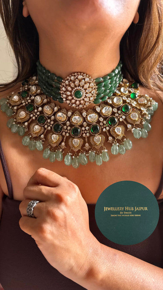 Emerald doublet wth pearl detailing mint drops bridal combo Necklace